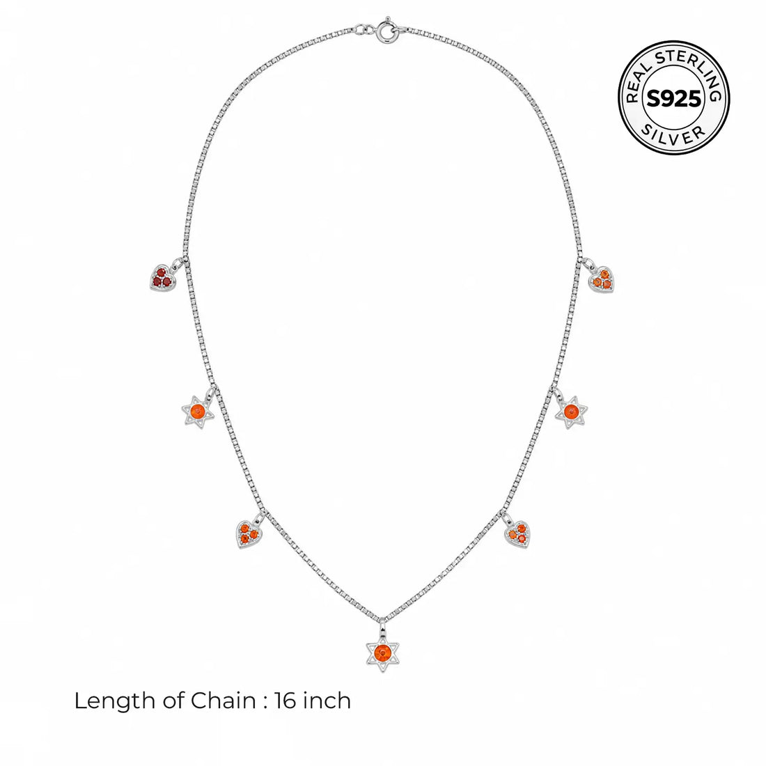 Orange Heart & Star Charm Chain - Made With Pure 925 Silver