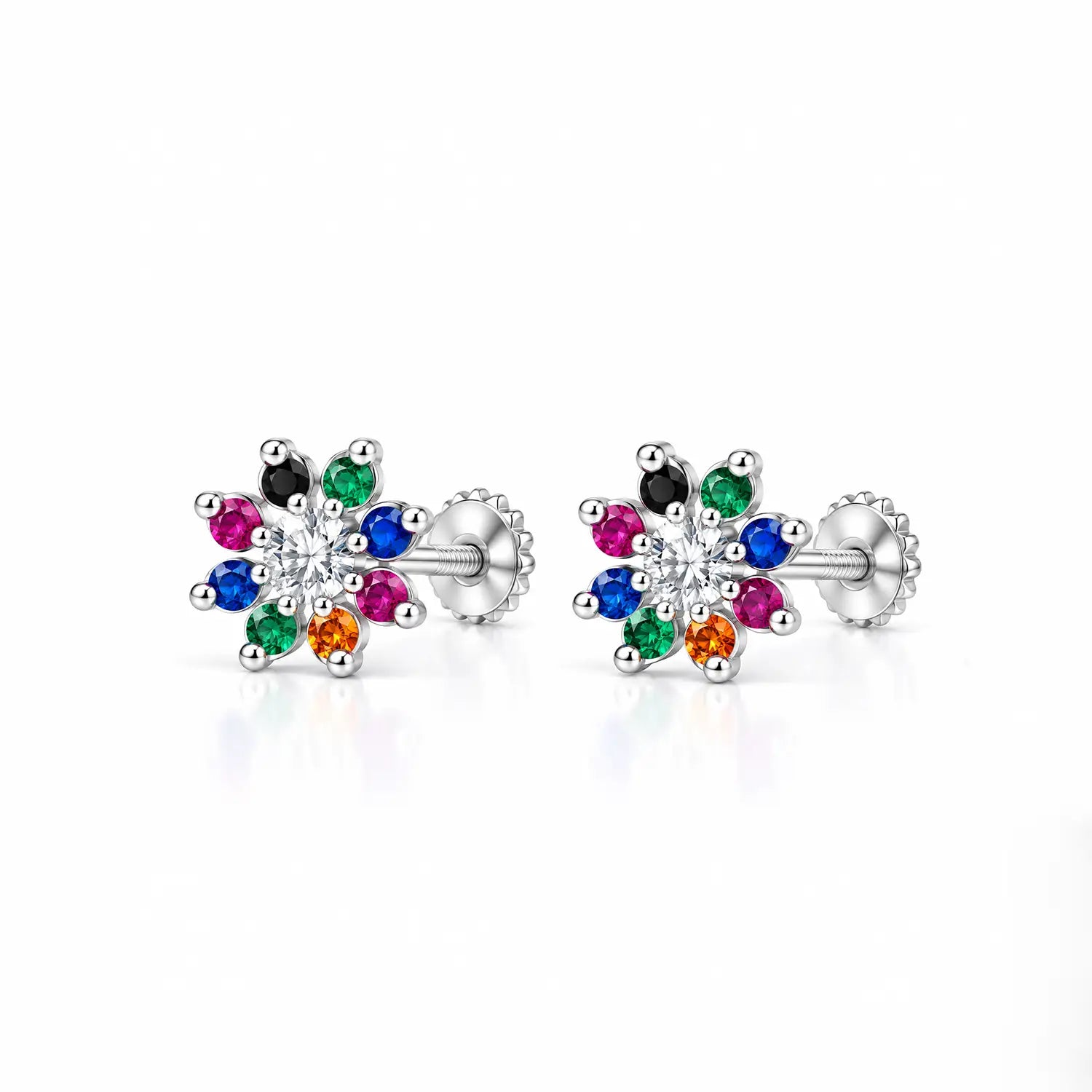 Multicolor Floral Gemstone Silver Stud Earrings - Made With Pure 925 Silver