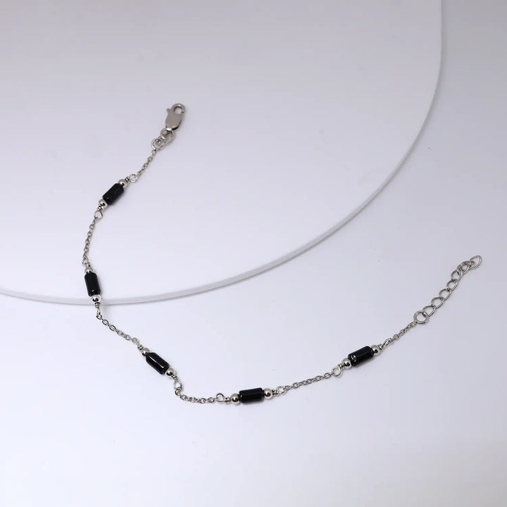 Black Bead Accent Pure Silver Bracelet - Made With Pure 925 Silver