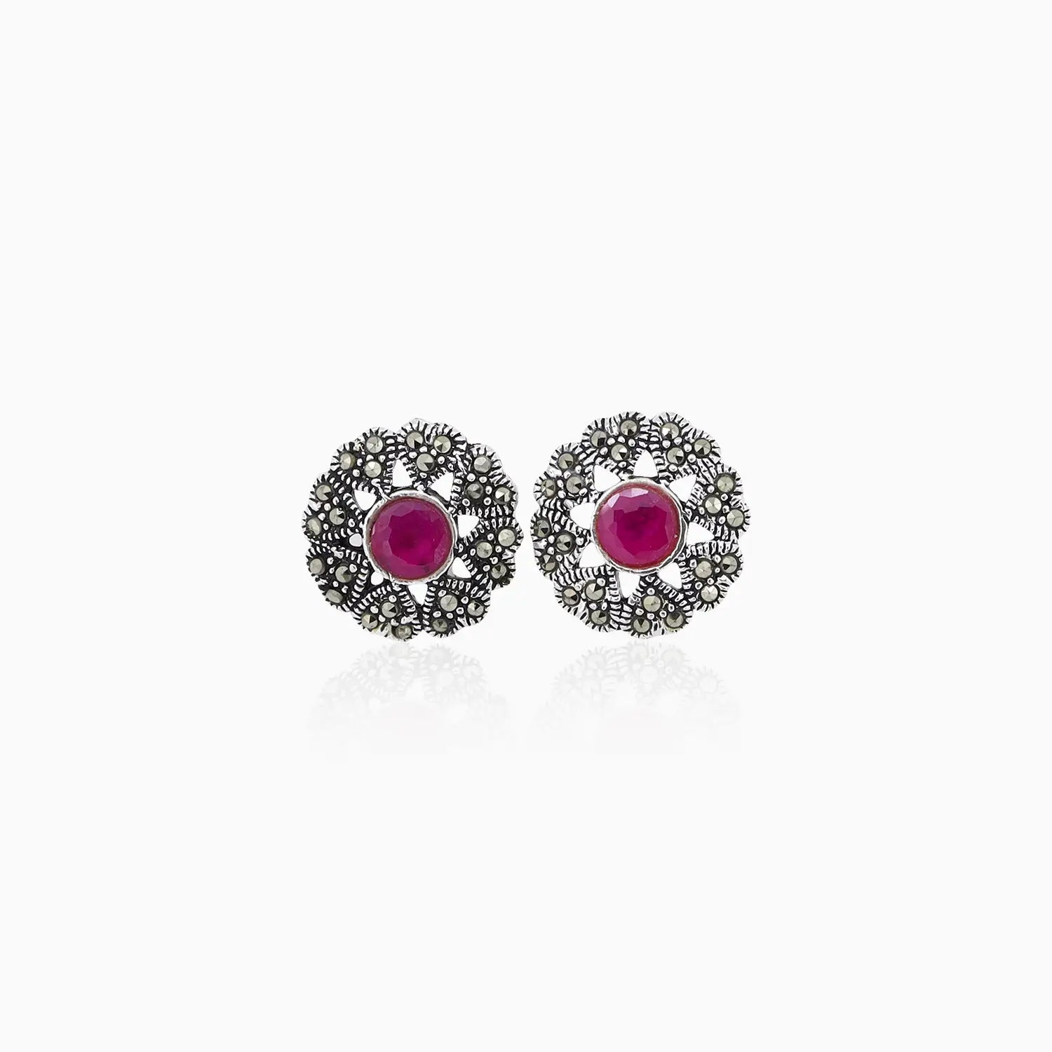 Ruby Rosette Oxidized Silver Stud Earrings- Made With Pure 925 Silver