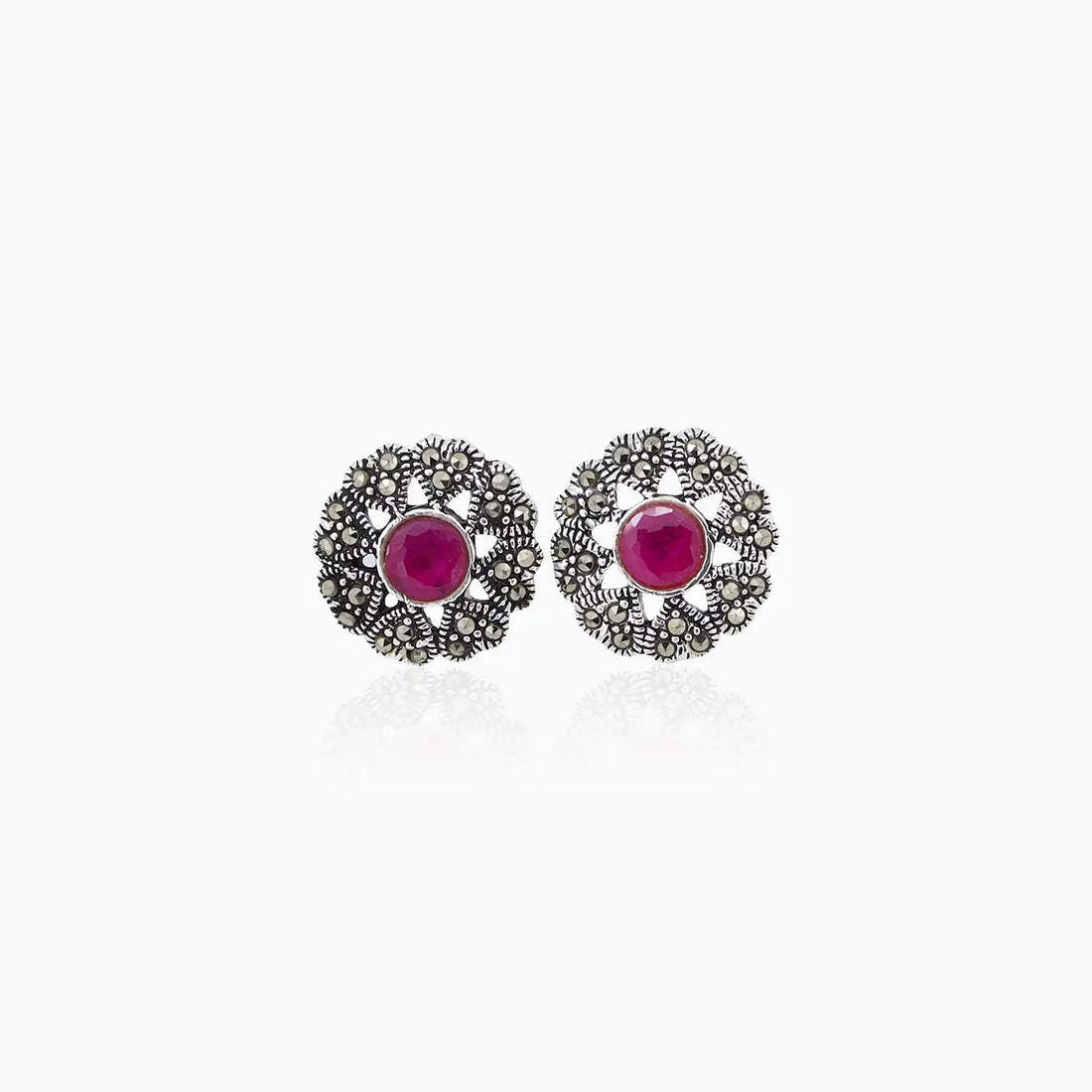 Ruby Rosette Oxidized Silver Stud Earrings- Made With Pure 925 Silver