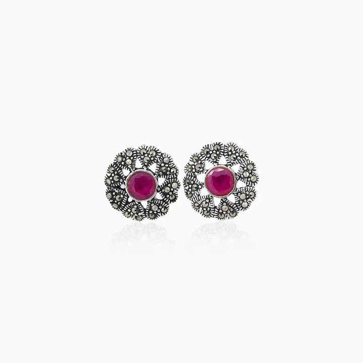 Ruby Rosette Oxidized Silver Stud Earrings- Made With Pure 925 Silver