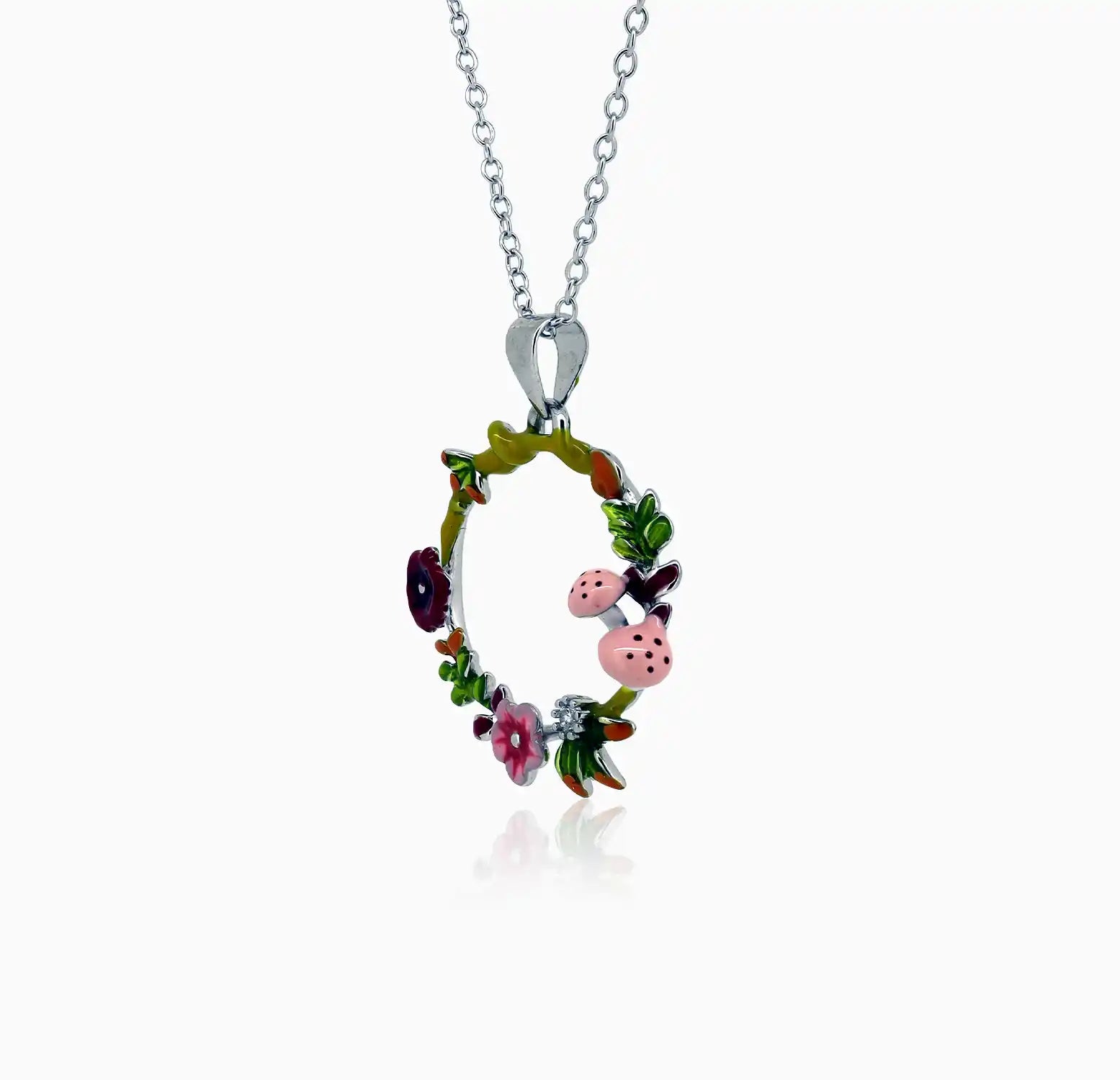Enamel Ladybug Floral Wreath Silver Necklace- Made With Pure 925 Silver