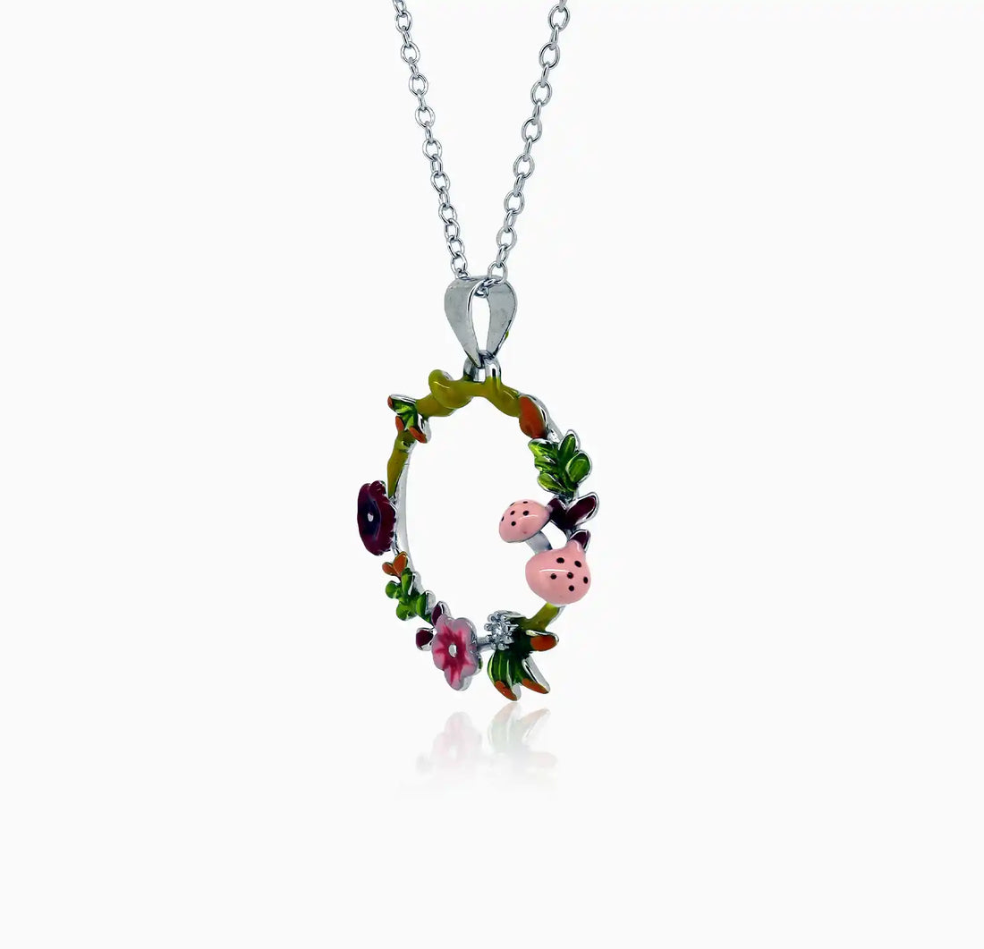 Enamel Ladybug Floral Wreath Silver Necklace- Made With Pure 925 Silver
