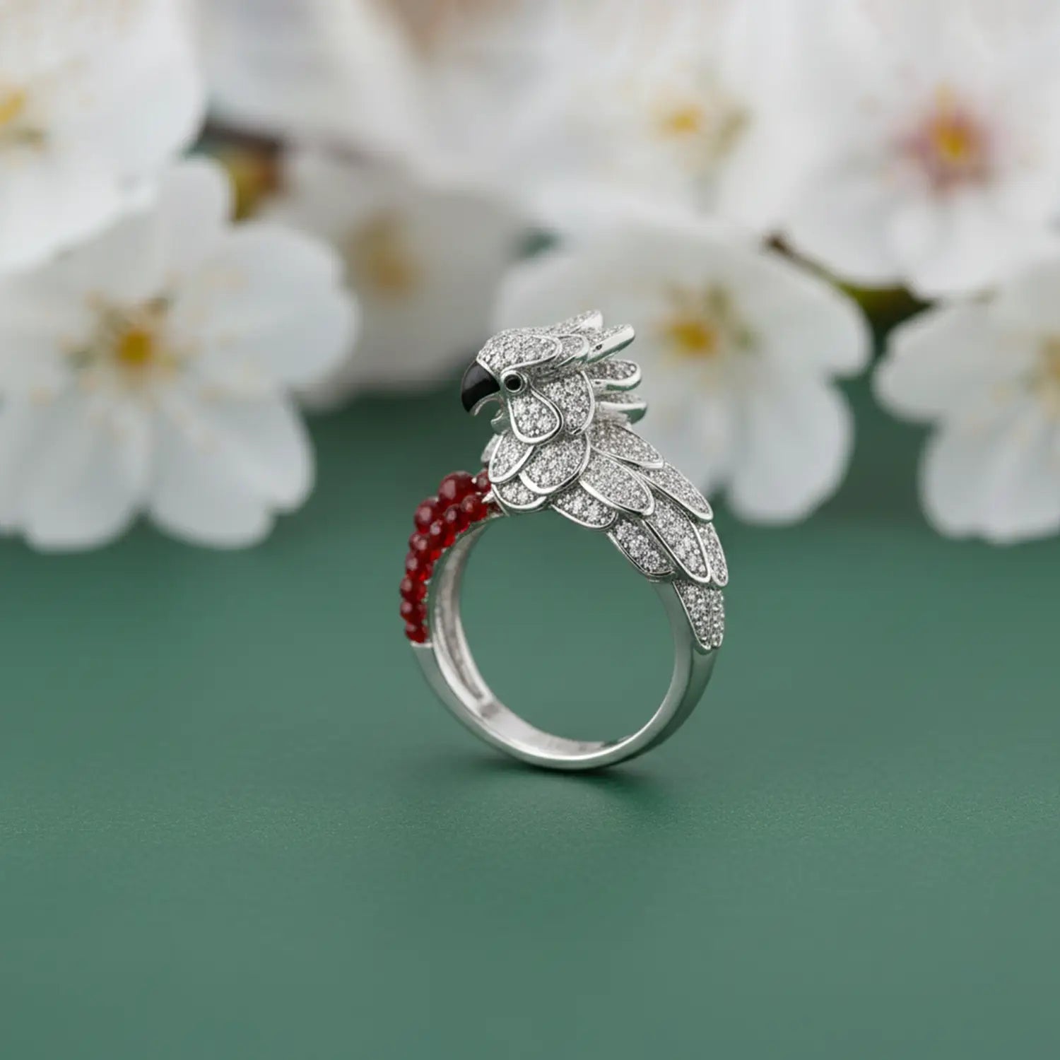 Pure Parrot Ring with Red Beads - Made With 925 Silver