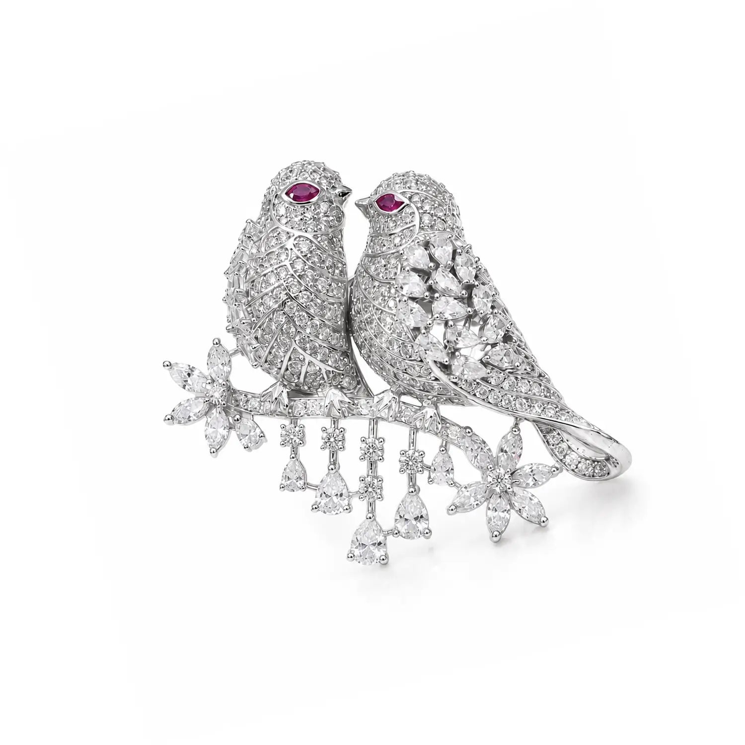 Elegant Love Birds Crystal Brooch - Made With Pure 925 Silver