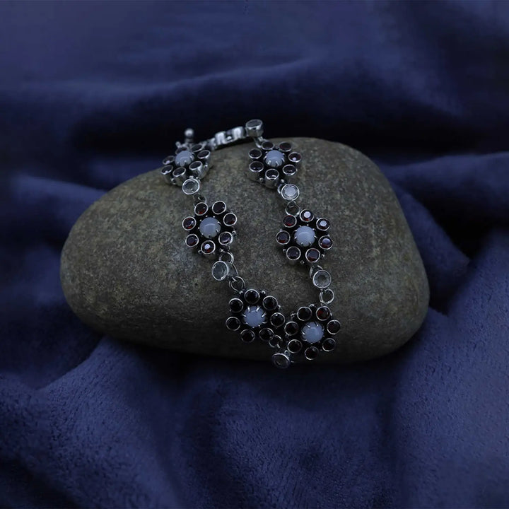 Floral Garnet & Moonstone Silver Pearl  Bracelet - Made With 925 Pure Silver