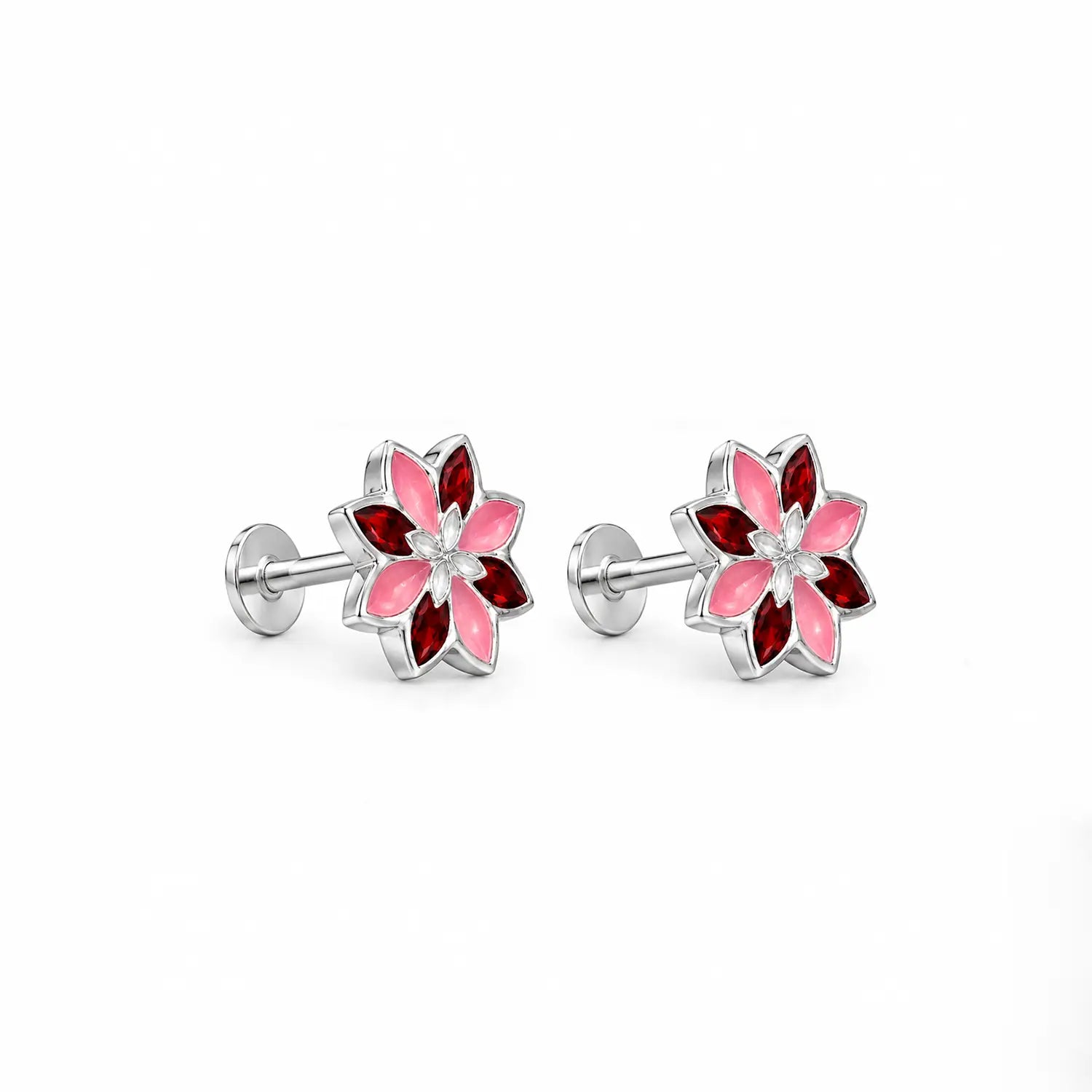Pink Floral Gemstone Silver Stud Earrings - Made With Pure 925 Silver