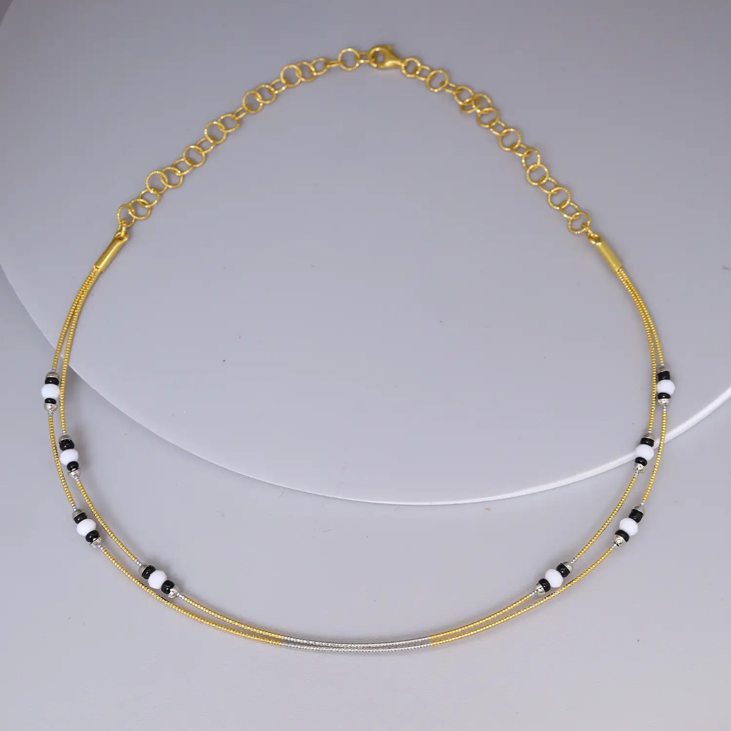 Black & White Beaded Double-Layer Silver Necklace - Made With Pure 925 Silver