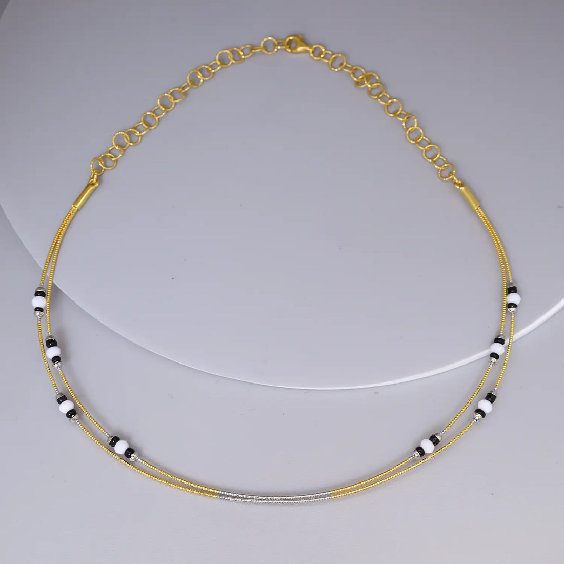 Black & White Beaded Double-Layer Silver Necklace - Made With Pure 925 Silver