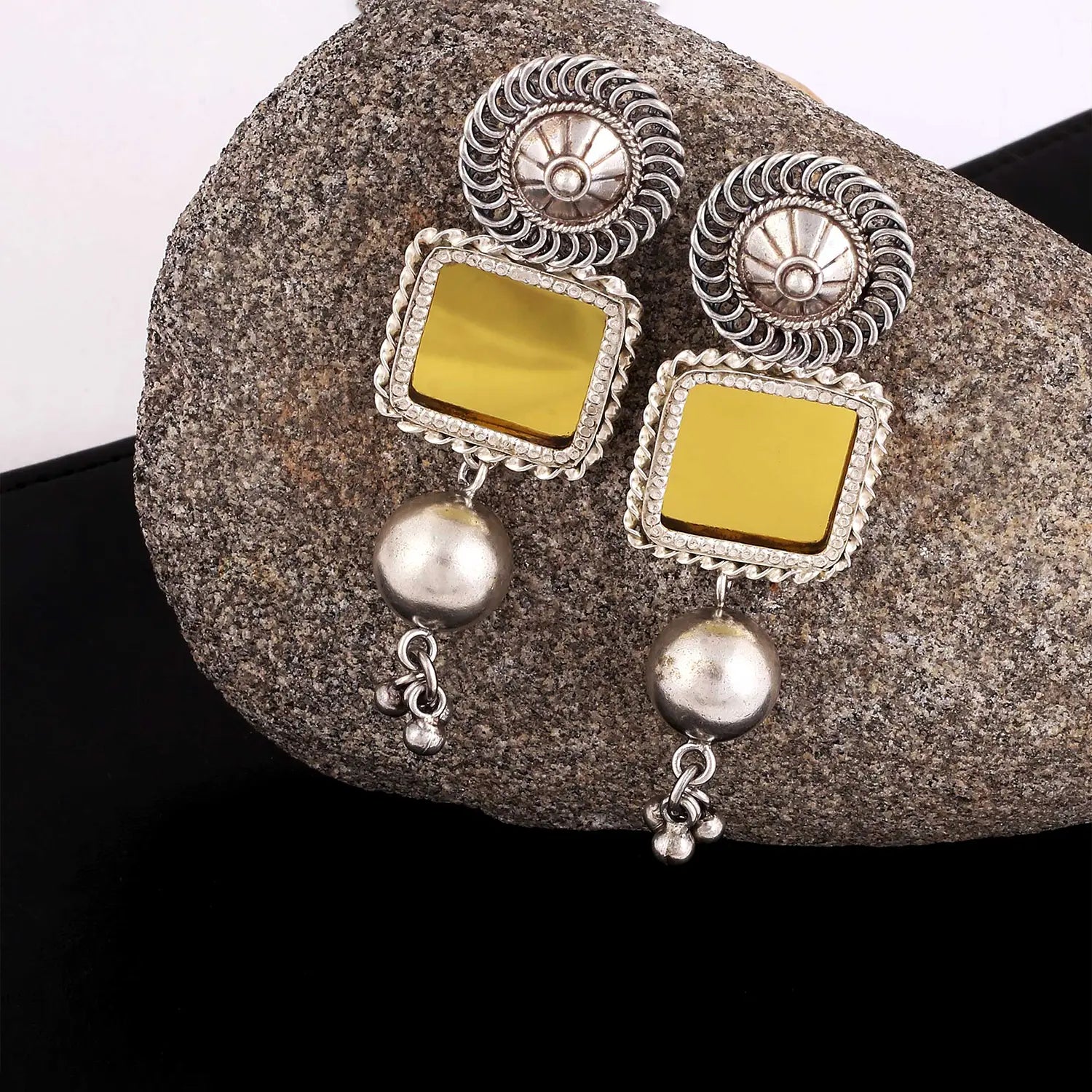 Antique Silver Square Earrings with Pearl Drops- Made With Pure 925 Silver