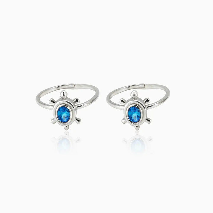 Pure Silver Turtle Toe Rings with Blue Stone- Made With Pure 925 Silver
