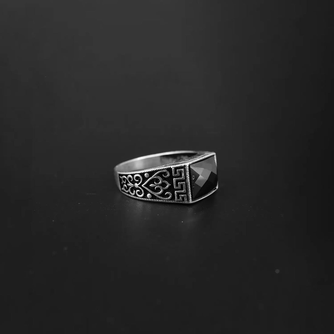 Black Onyx Regal Carved Ring- Made With Pure 925 Silver