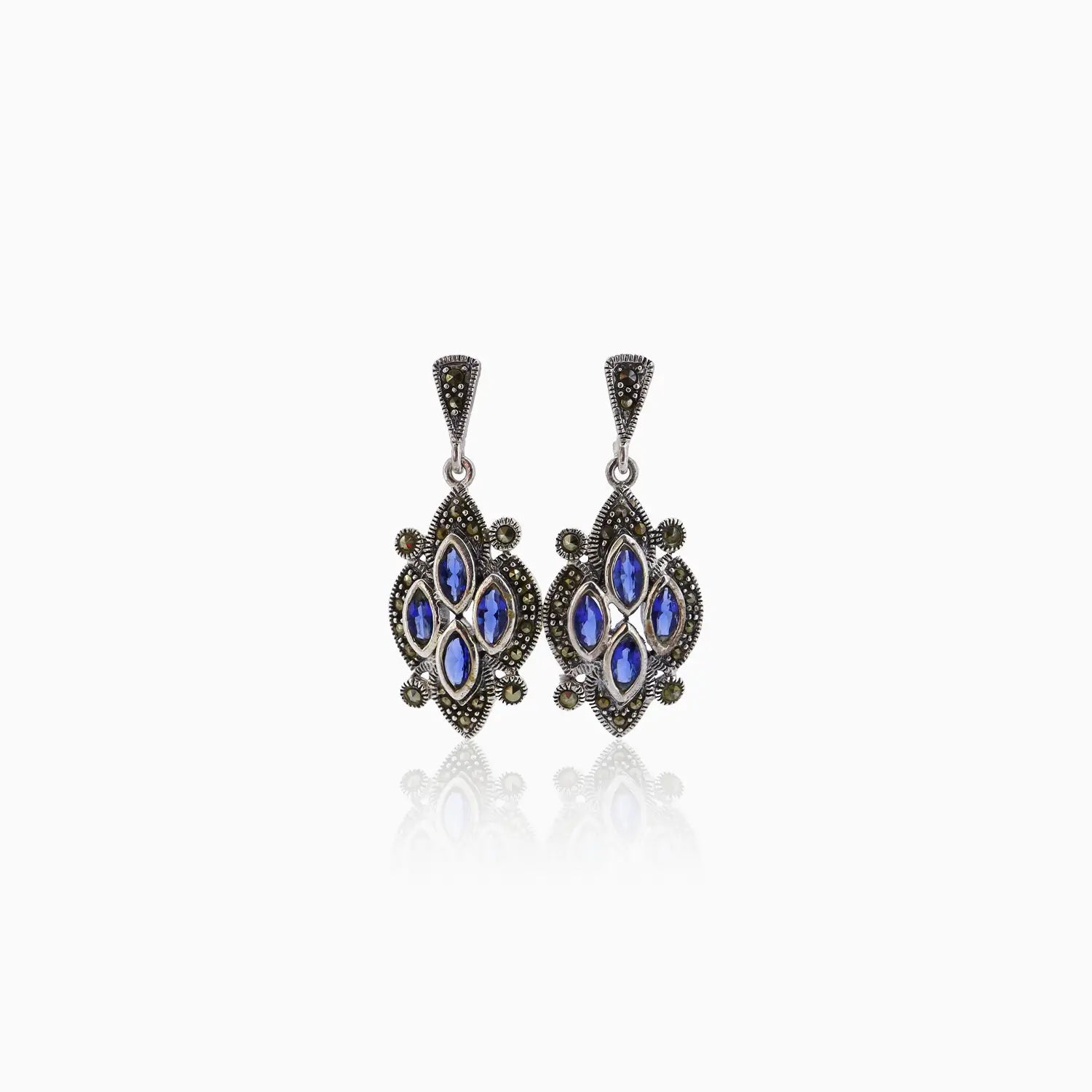 Royal Blue Marquise Oxidized Silver Drop Earrings- Made With Pure 925 Silver