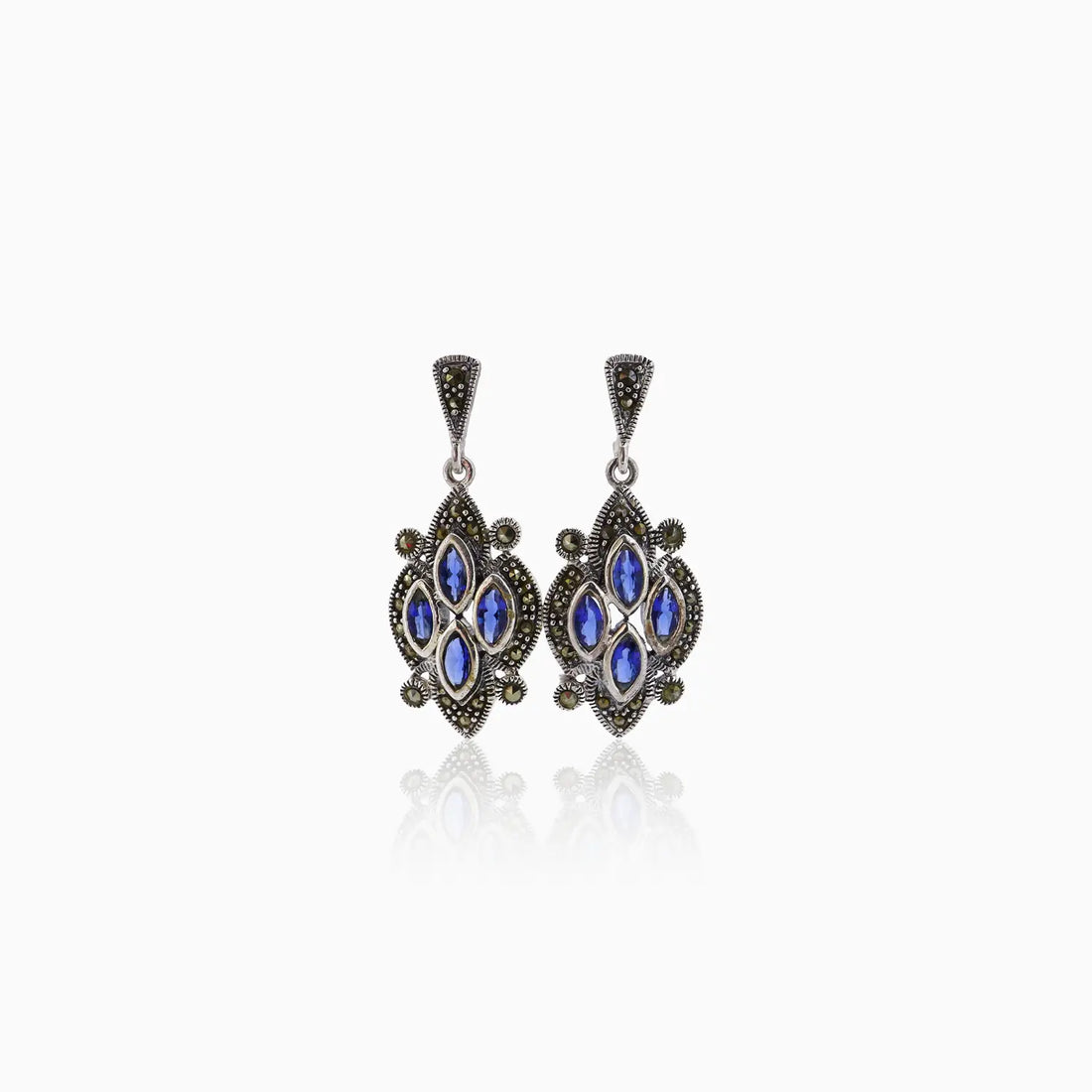 Royal Blue Marquise Oxidized Silver Drop Earrings- Made With Pure 925 Silver