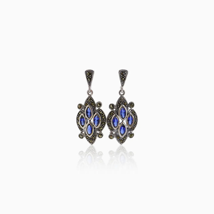 Royal Blue Marquise Oxidized Silver Drop Earrings- Made With Pure 925 Silver