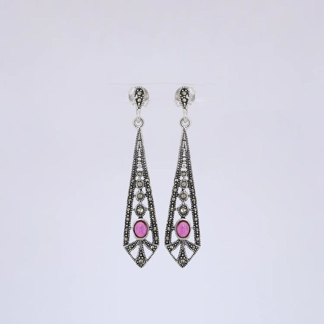 Ruby Glow Oxidized Silver Long Drop Earrings- Made With Pure 925 Silver