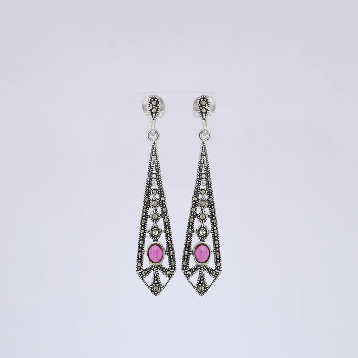 Ruby Glow Oxidized Silver Long Drop Earrings- Made With Pure 925 Silver