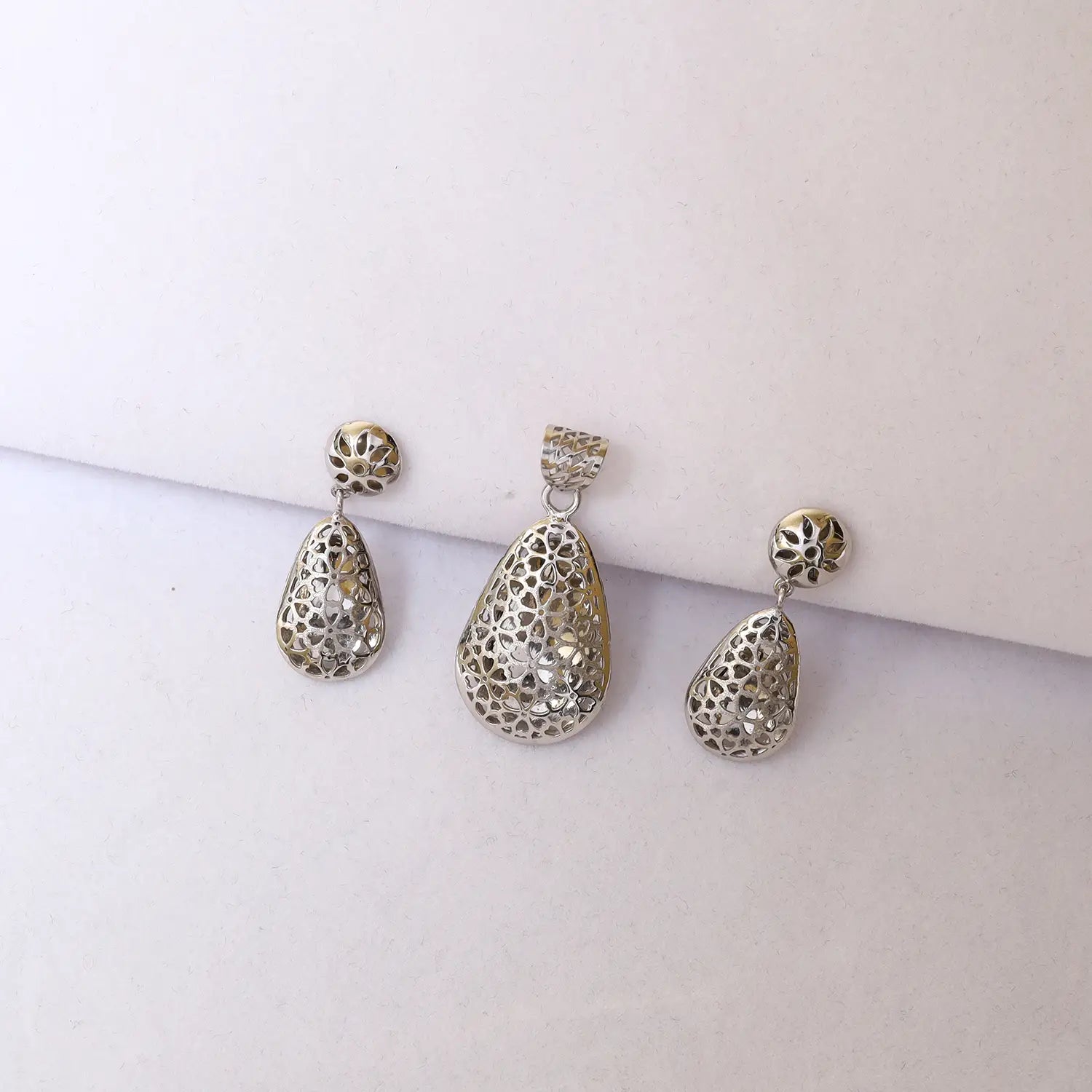 Elegant Filigree Teardrop Pure Silver Pendant Set - Made With Pure 925 Silver