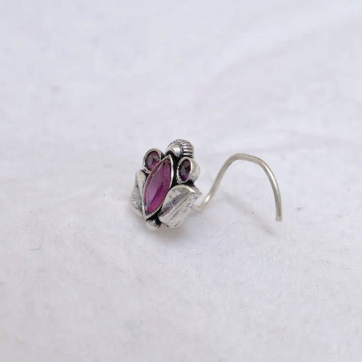 Lotus Bloom Pink Stone Sterling Silver Nose Pin - Made With Pure 925 Silver
