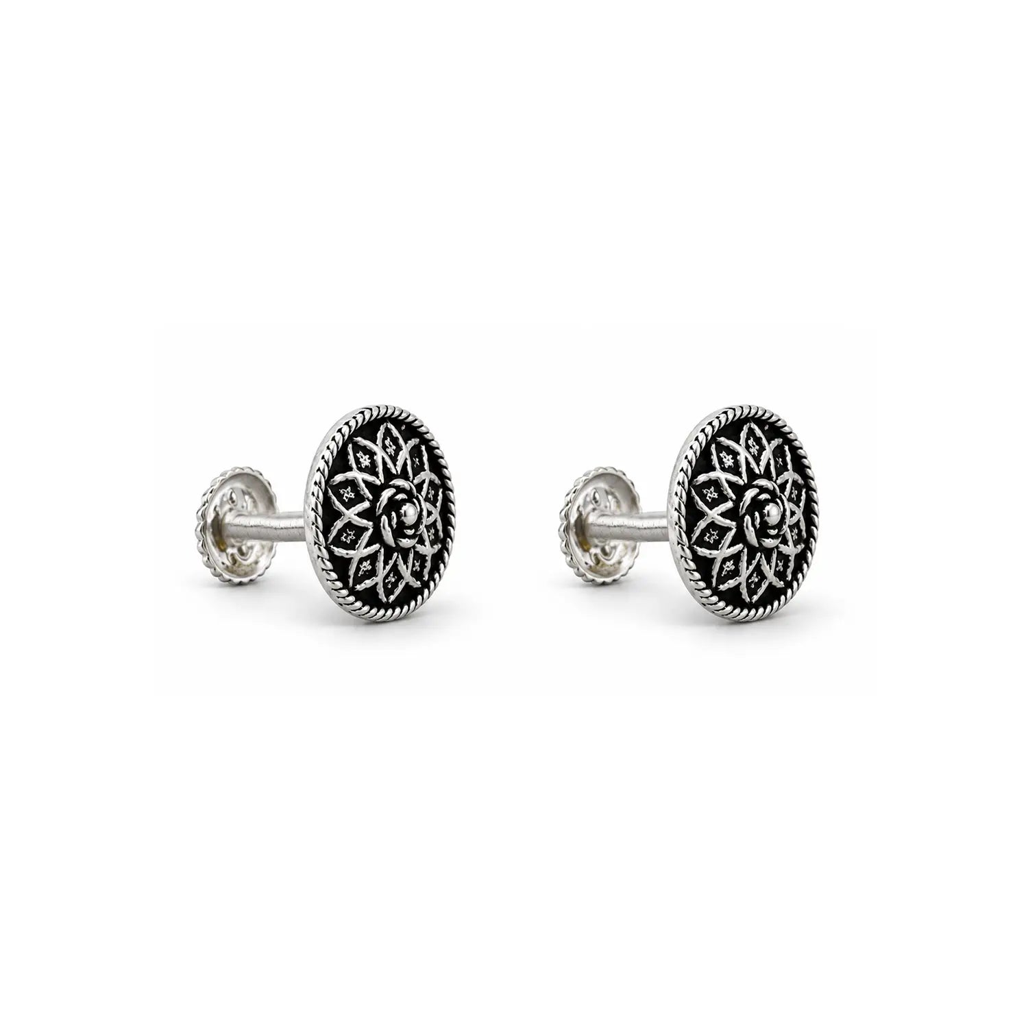 Vintage Rose Oxidized Silver Stud Earrings - Made With Pure 925 Silver
