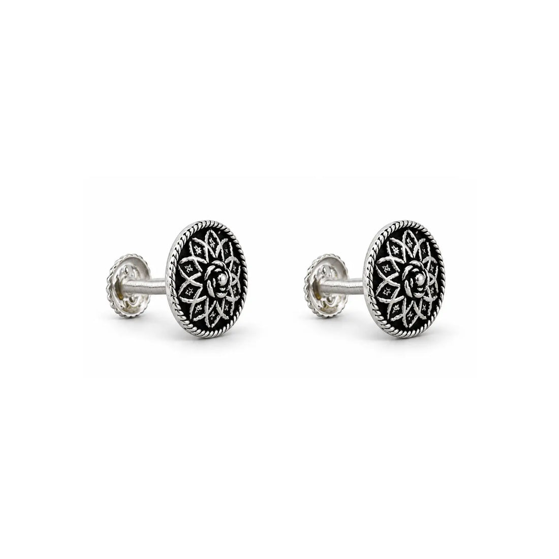 Vintage Rose Oxidized Silver Stud Earrings - Made With Pure 925 Silver