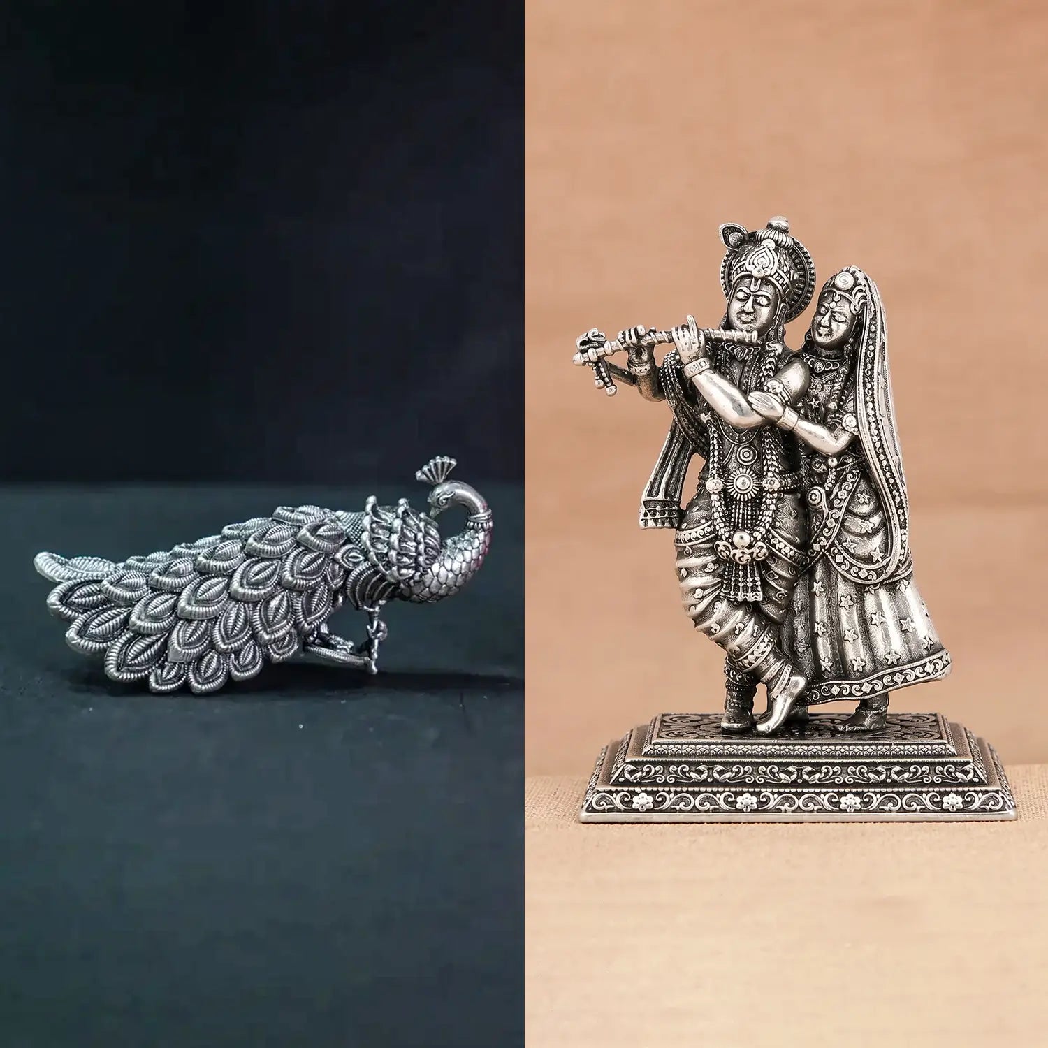 Silver Peacock & Radha Krishna Idol Festival Combo - Made With Pure 925 Silver