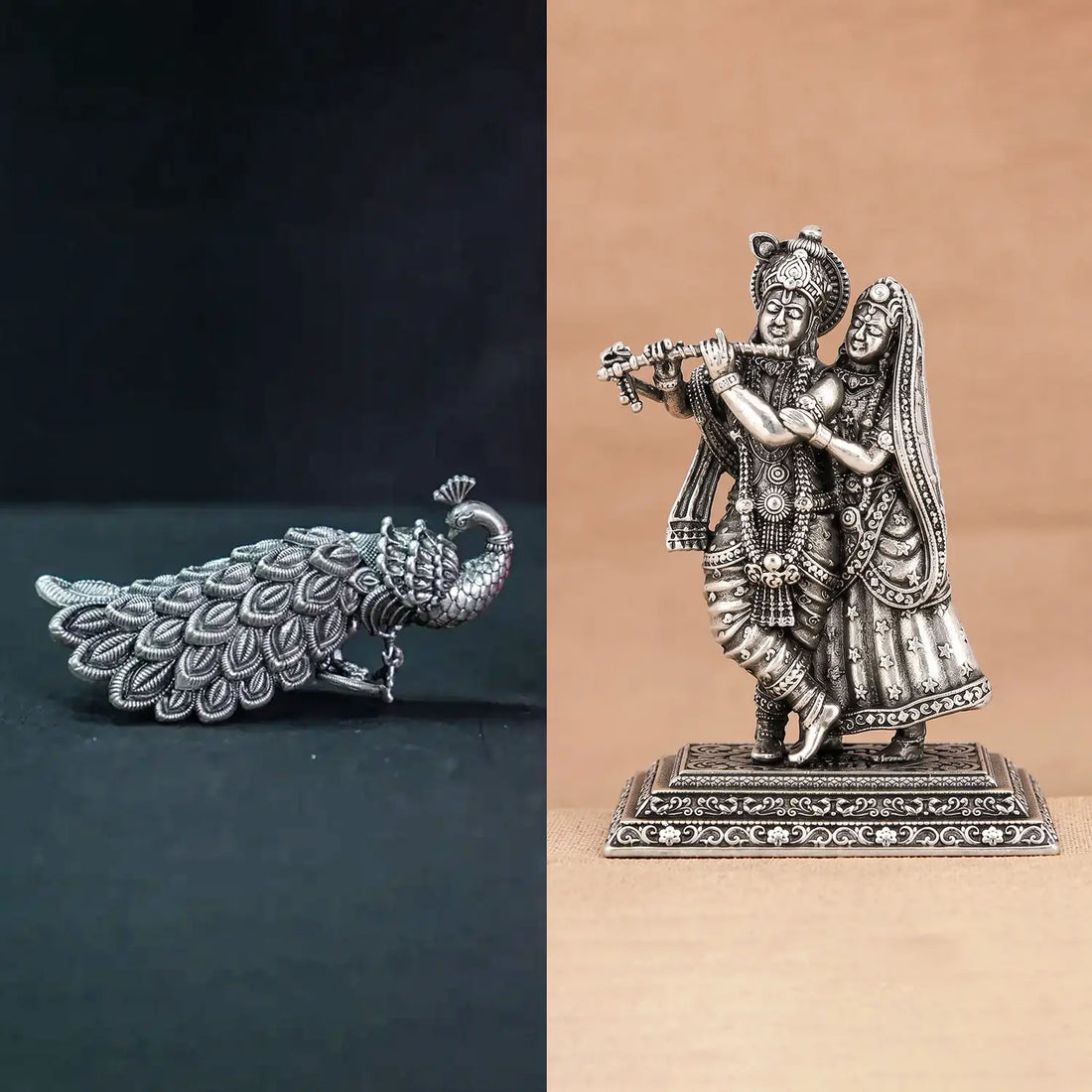 Silver Peacock & Radha Krishna Idol Festival Combo - Made With Pure 925 Silver