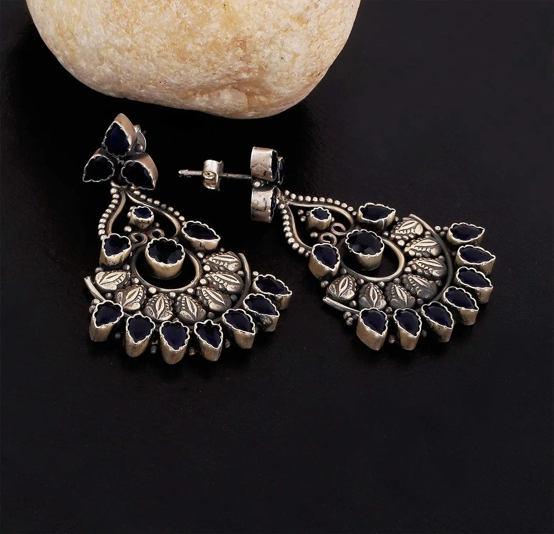 Silver Blue Stone Floral Earrings- Made With Pure 925 Silver