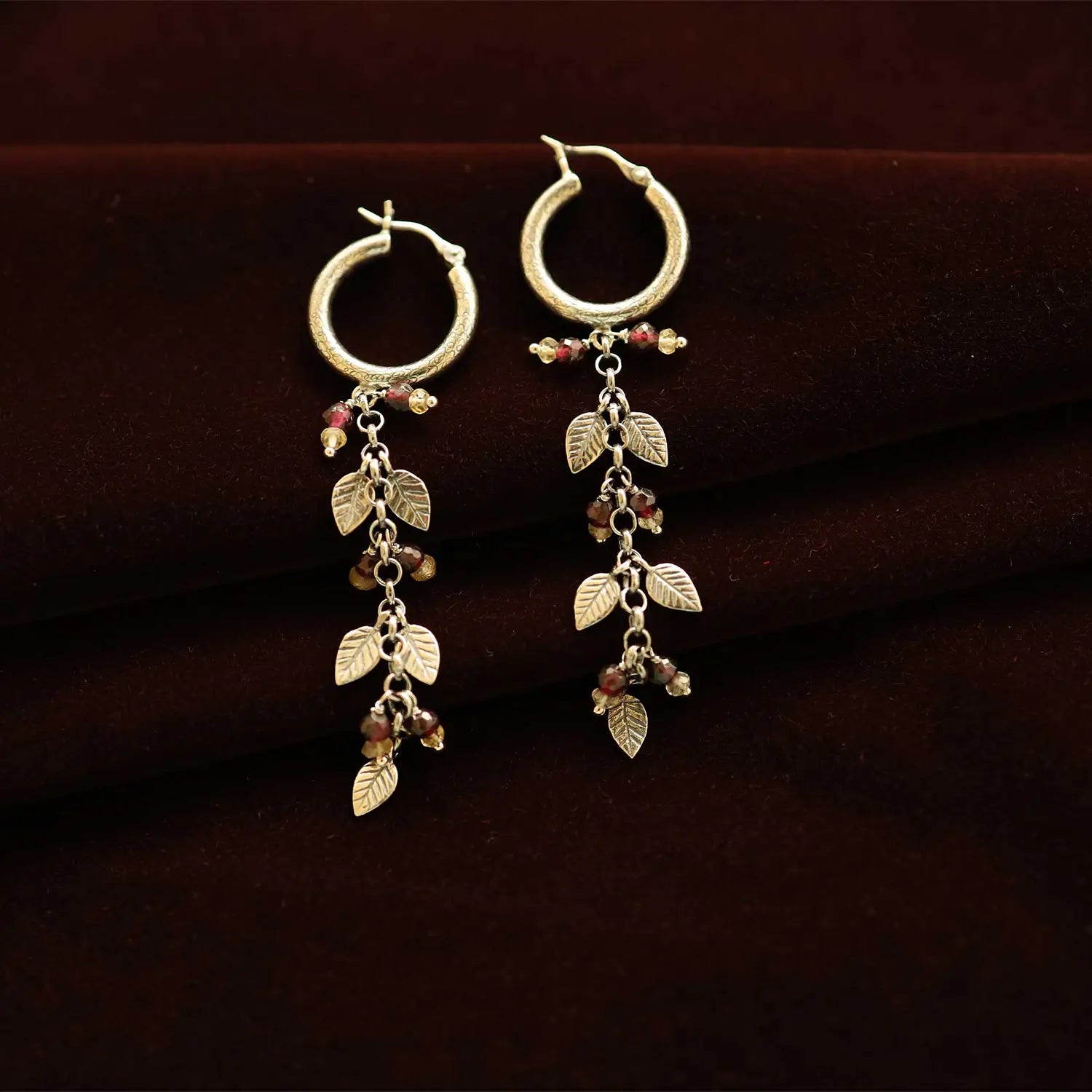 Silver Hoop Earrings with Leaf Charms & Beaded Drops- Made With Pure 925 Silver