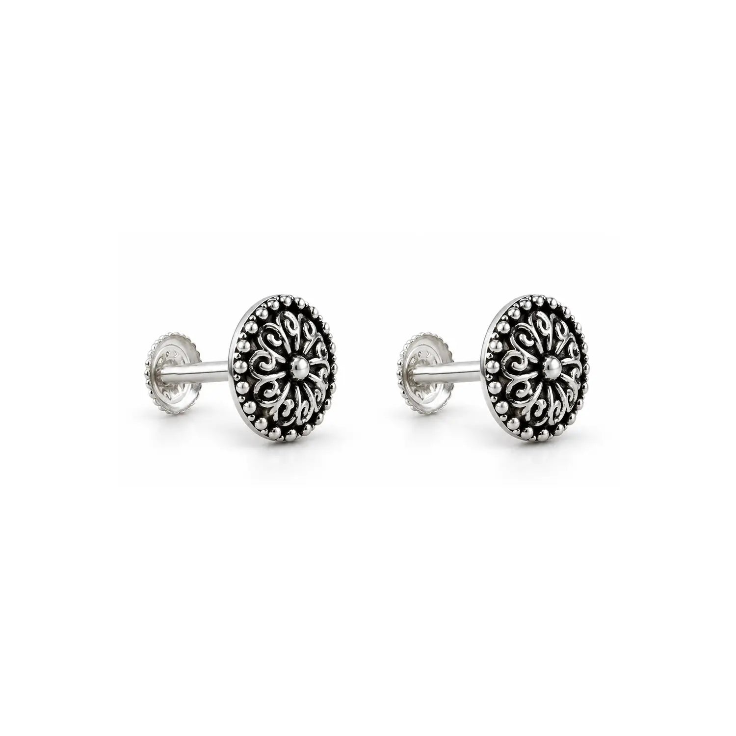 Vintage Mandala Oxidized Silver Stud Earrings - Made With Pure 925 Silver