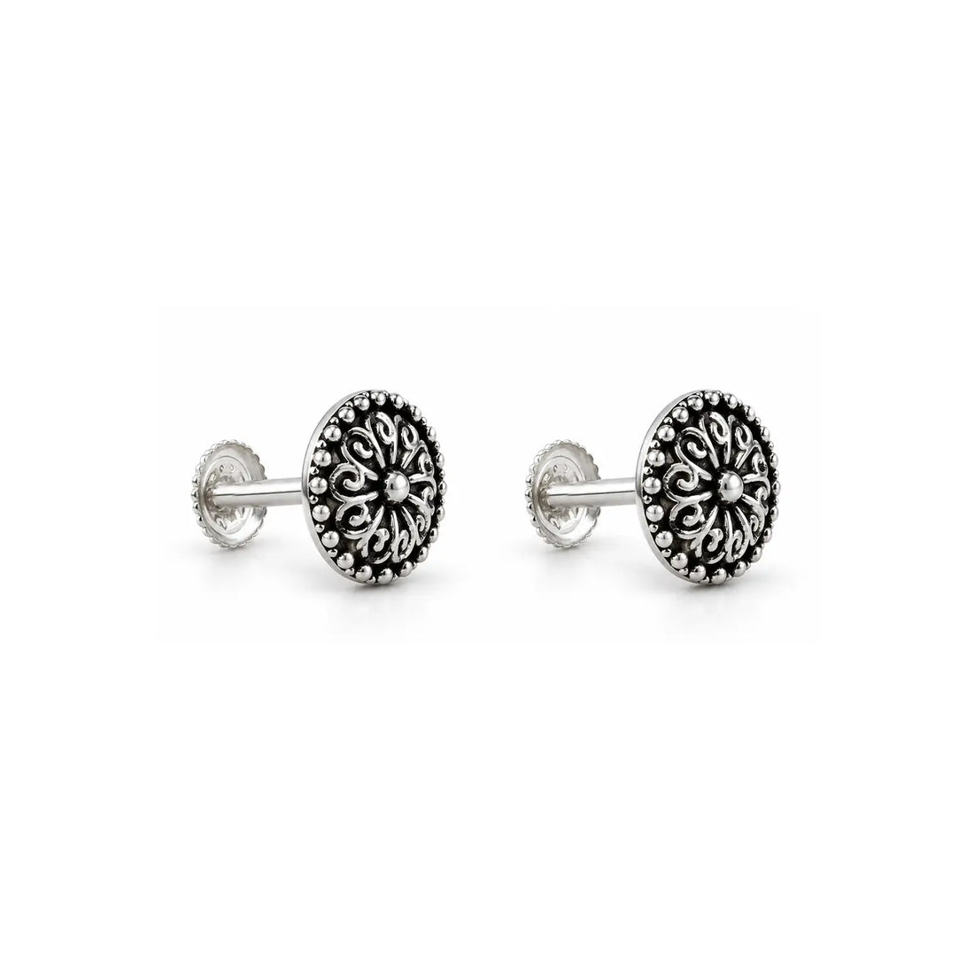 Vintage Mandala Oxidized Silver Stud Earrings - Made With Pure 925 Silver