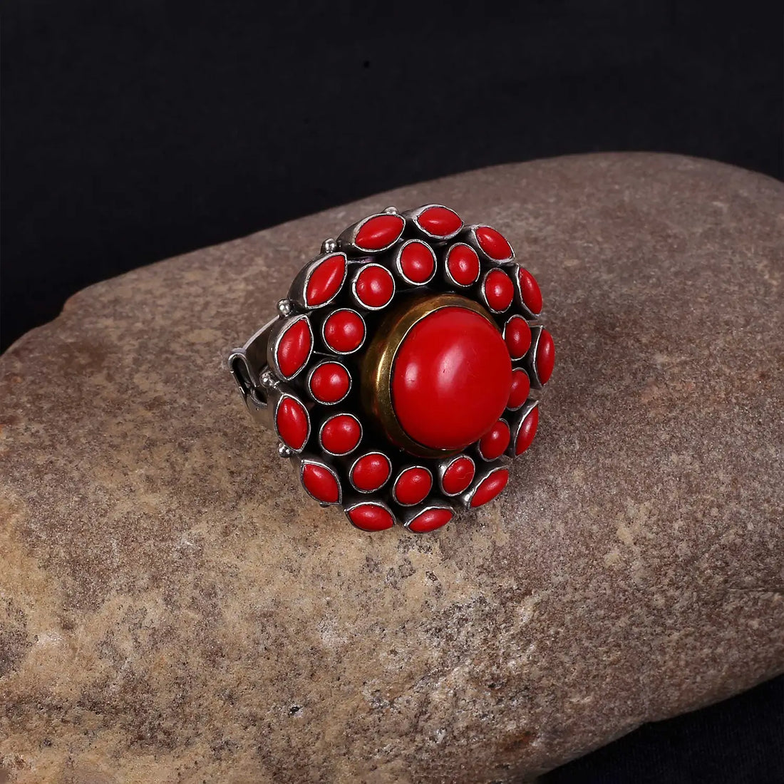 Silver Red Stone Adjustable Ring- Made With Pure 925 Silver