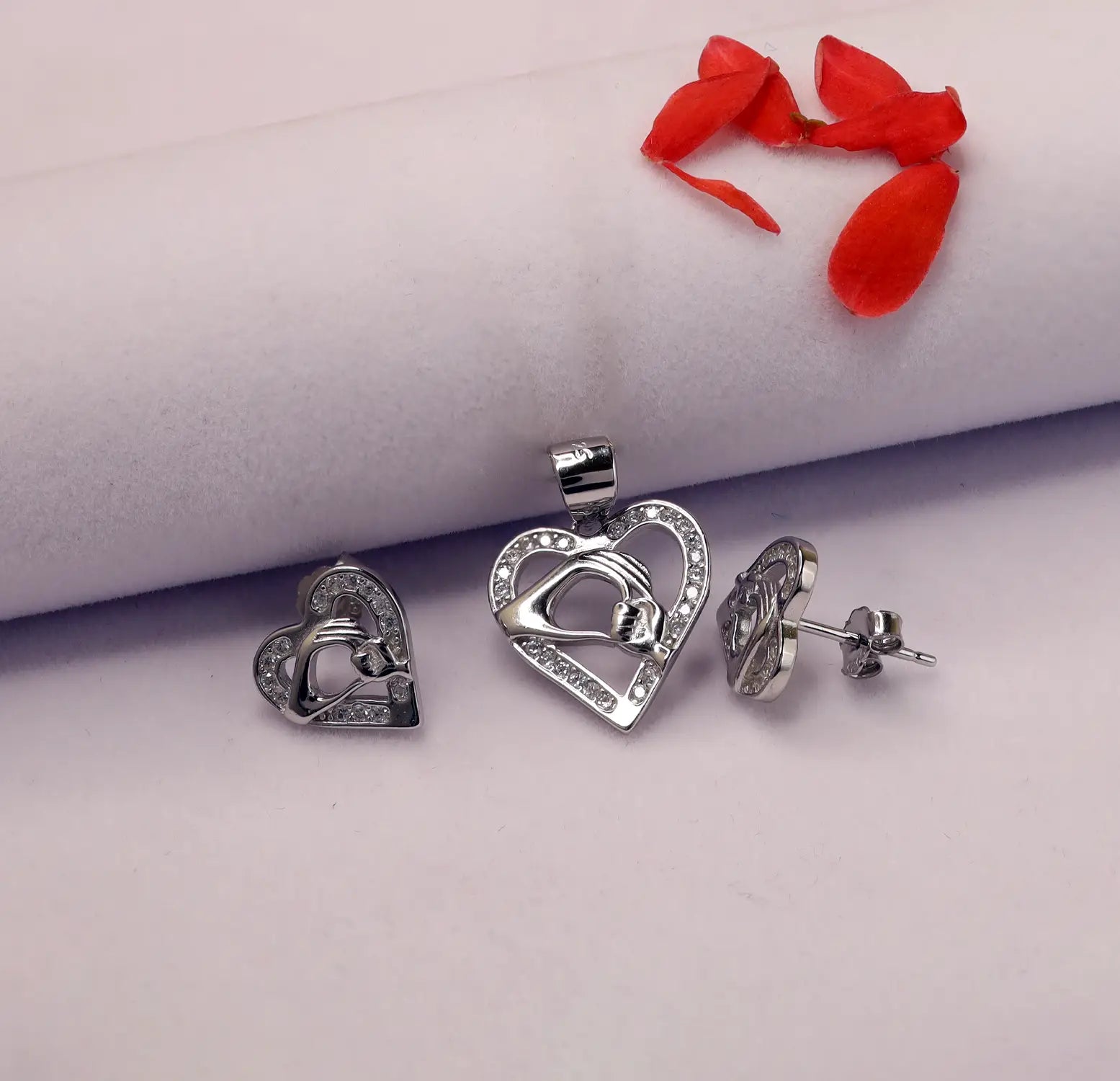 Mother Baby Hand Holding Love Heart Pendent & Earrings Set - Made With Pure 925 Silver