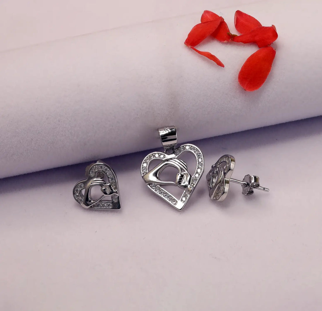 Mother Baby Hand Holding Love Heart Pendent & Earrings Set - Made With Pure 925 Silver