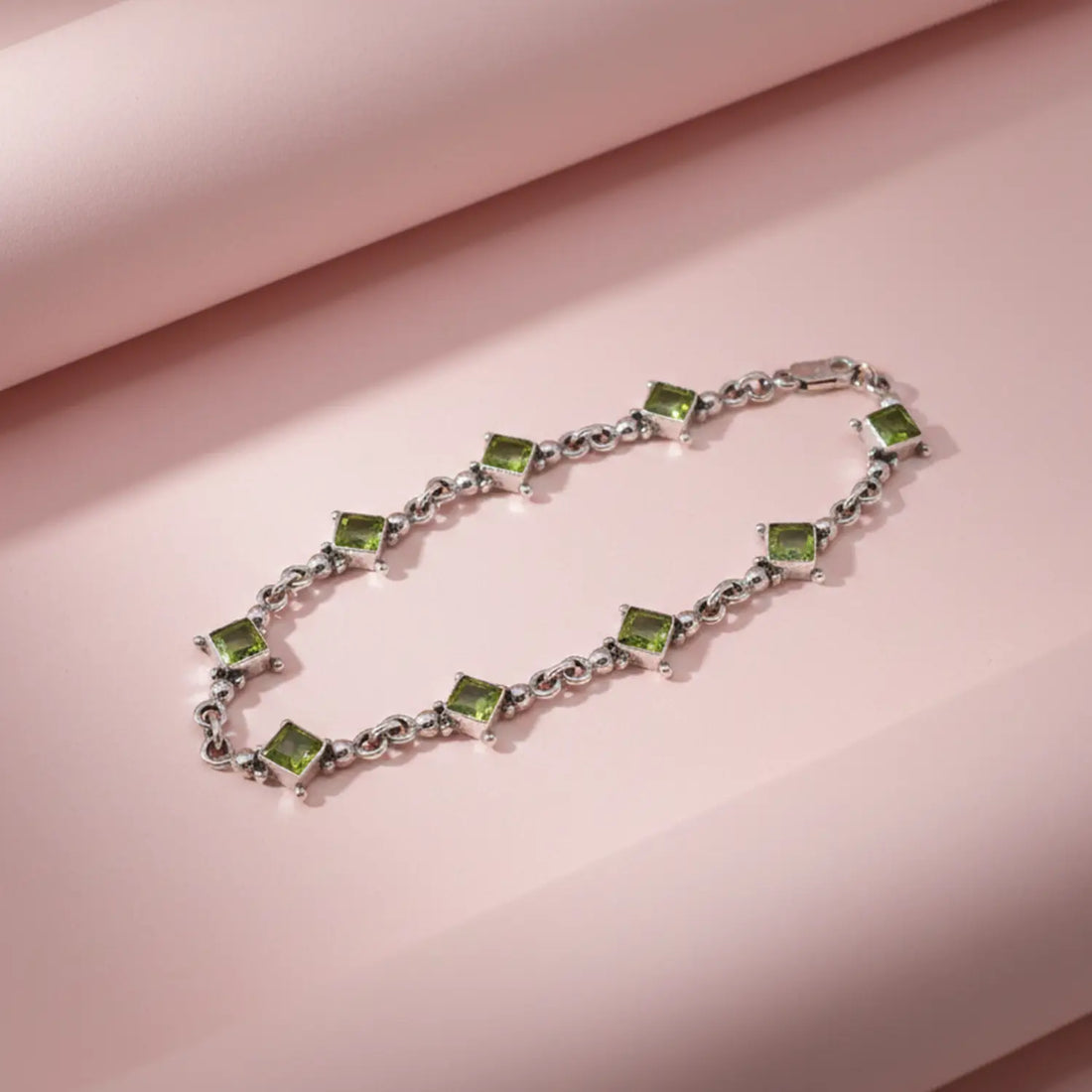 Green Peridot Square-Link Sterling Silver Bracelet- Made With Pure 925 Silver