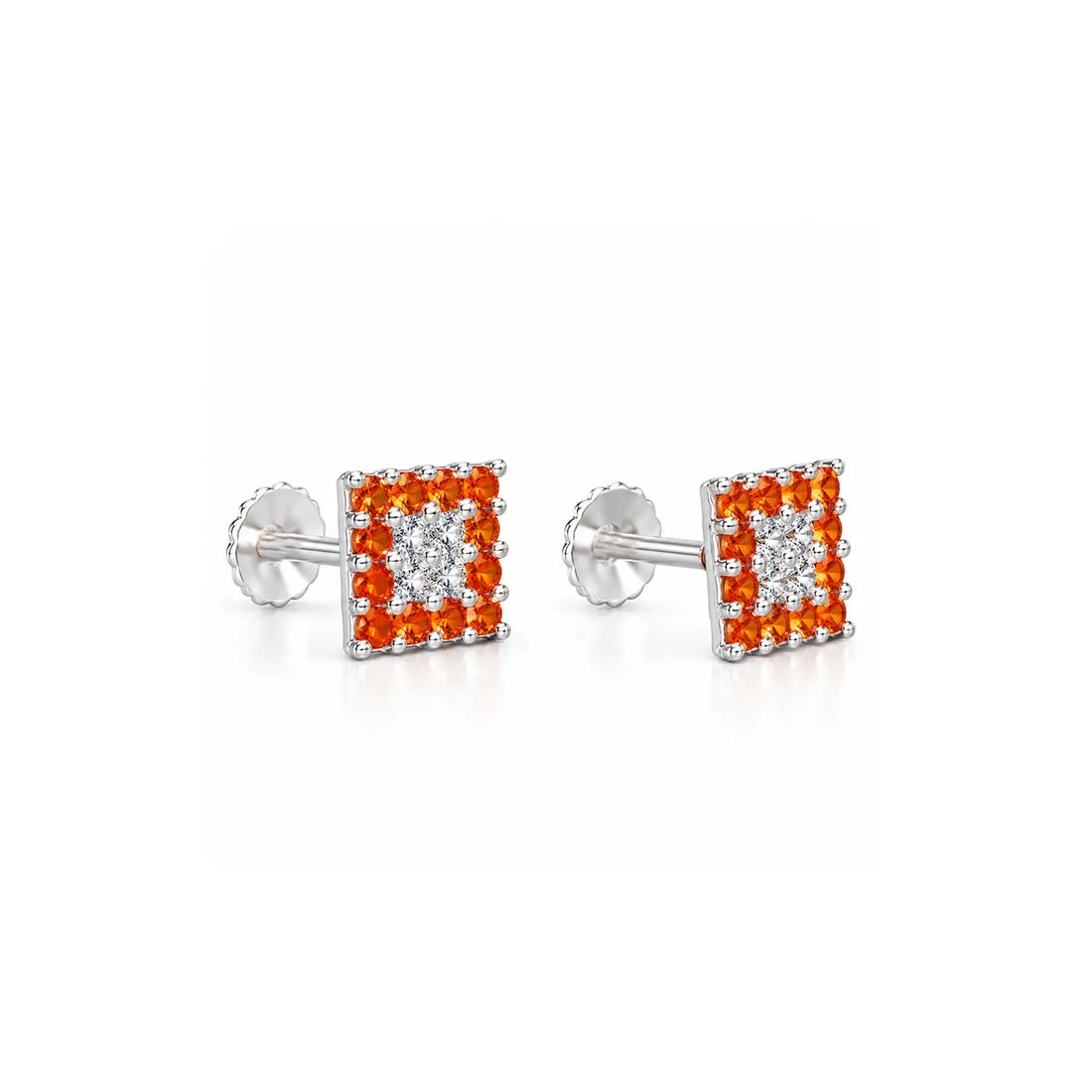 Orange & White Square Gemstone Silver Stud Earrings - Made With Pure 925 Silver