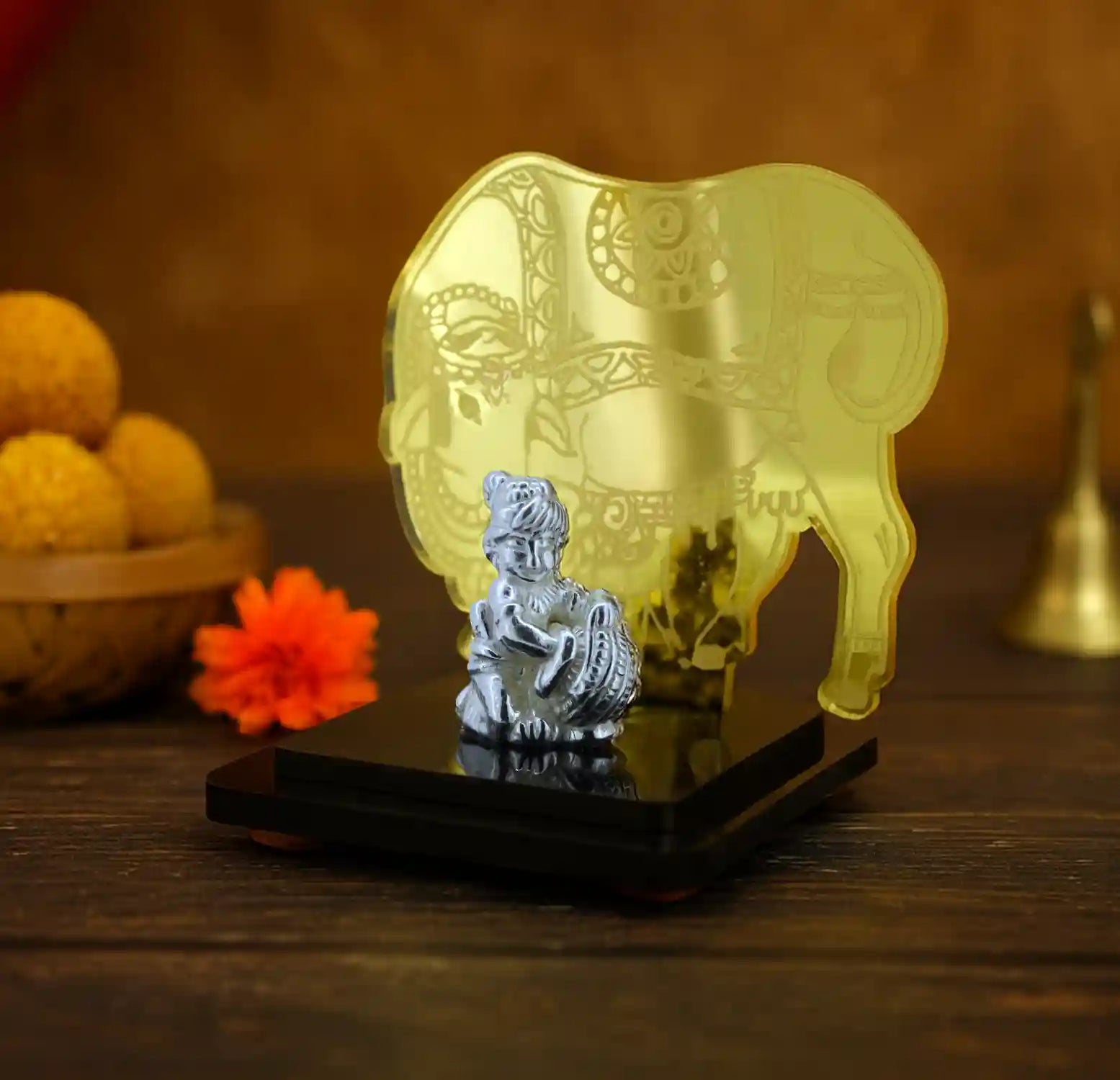 Lord Krishna Idol with Decorative Elephant Backdrop - Made With Pure 925 Silver
