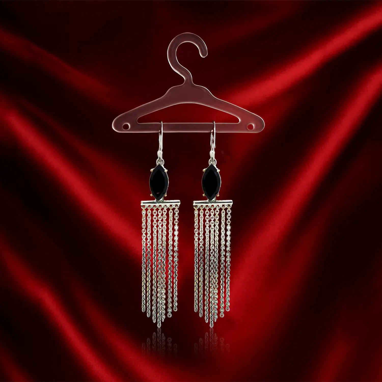 Pure Silver Chain Tassel Earrings with Black Stone- Made With Pure 925 Silver