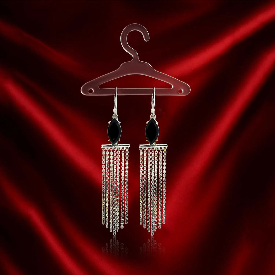 Pure Silver Chain Tassel Earrings with Black Stone- Made With Pure 925 Silver