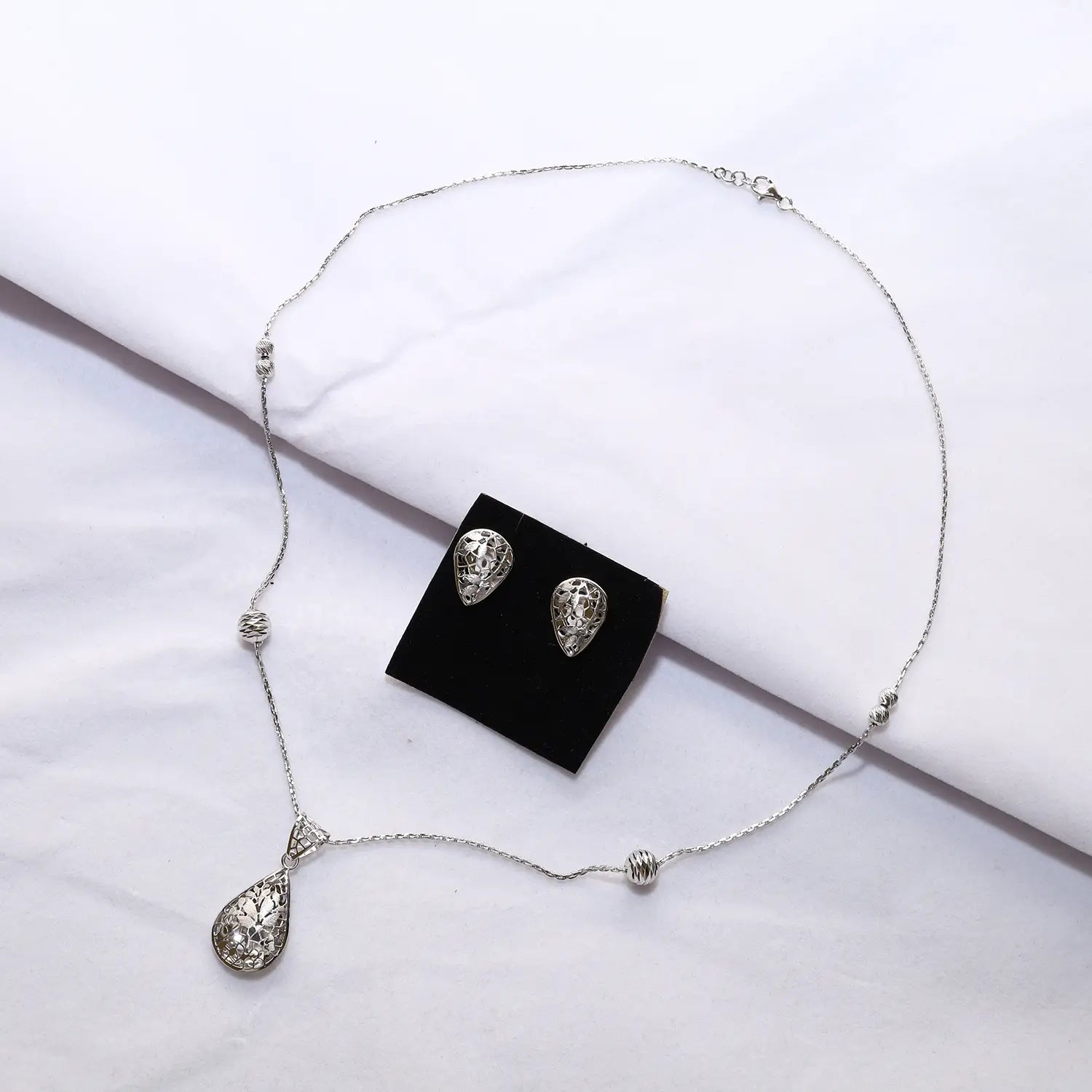 Elegant Teardrop Cutwork Pure Silver Necklace Set- Made With Pure 925 Silver