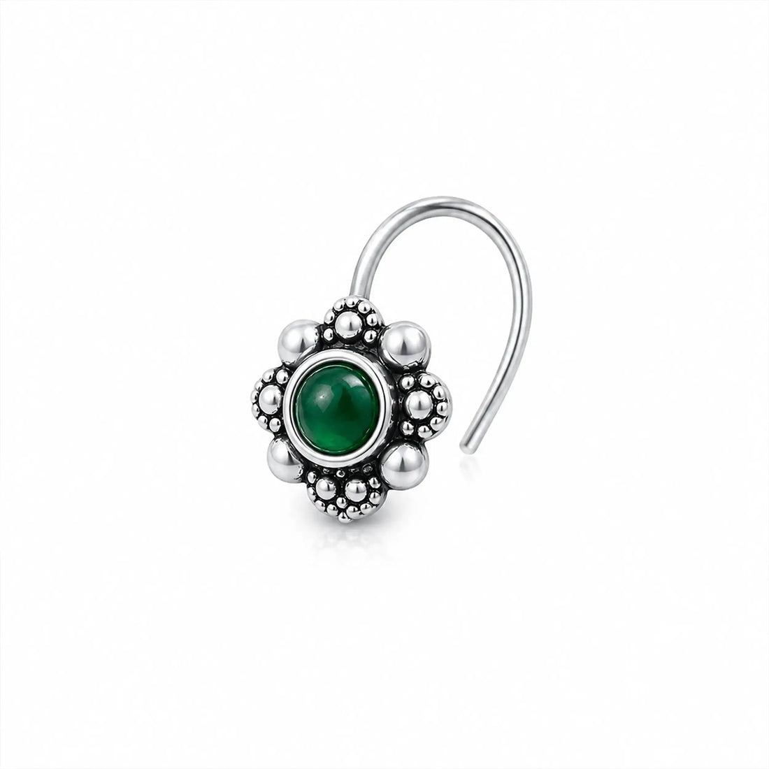 Green Stone Oxidized Silver Nose Pin- Made With Pure 925 Silver