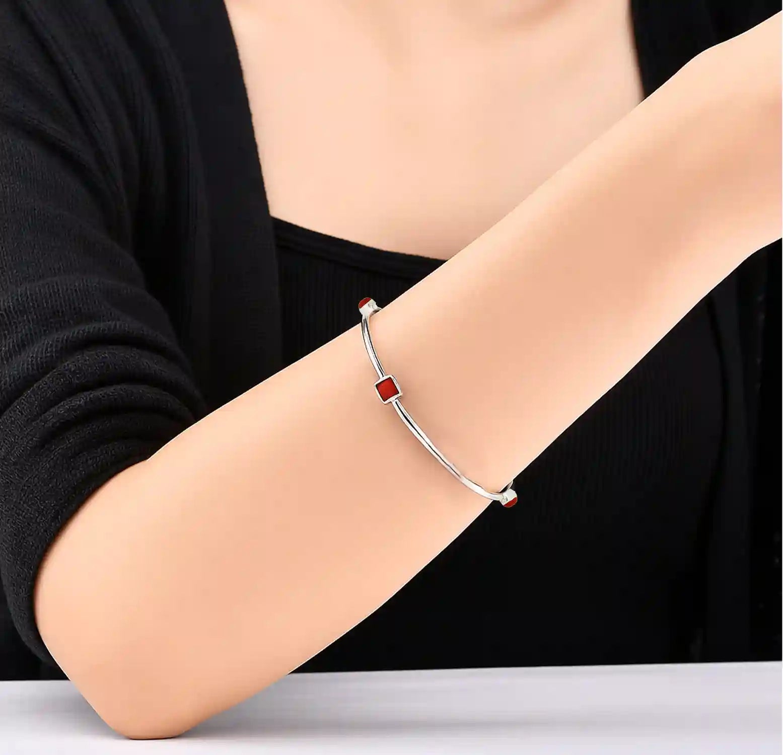 Red Coral Oval Pure Silver Bracelet- Made With Pure 925 Silver