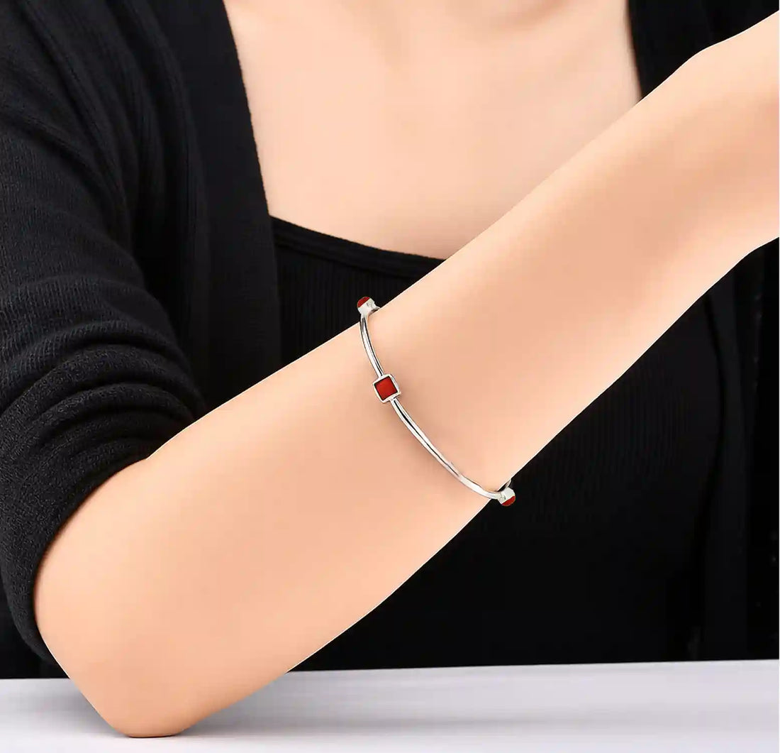 Red Coral Oval Pure Silver Bracelet- Made With Pure 925 Silver