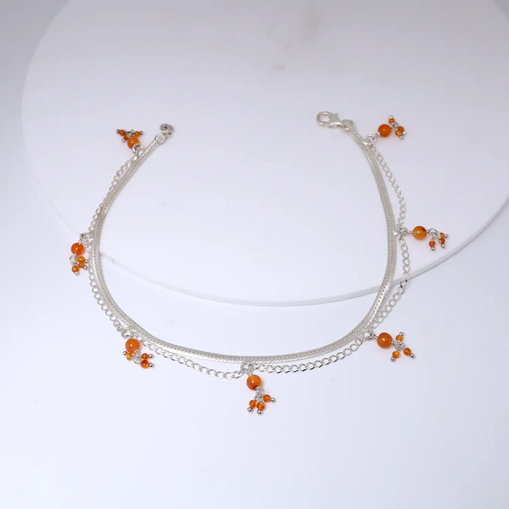 Sunset Bloom Orange Crystal Pure Silver Anklet- Made With Pure 925 Silver
