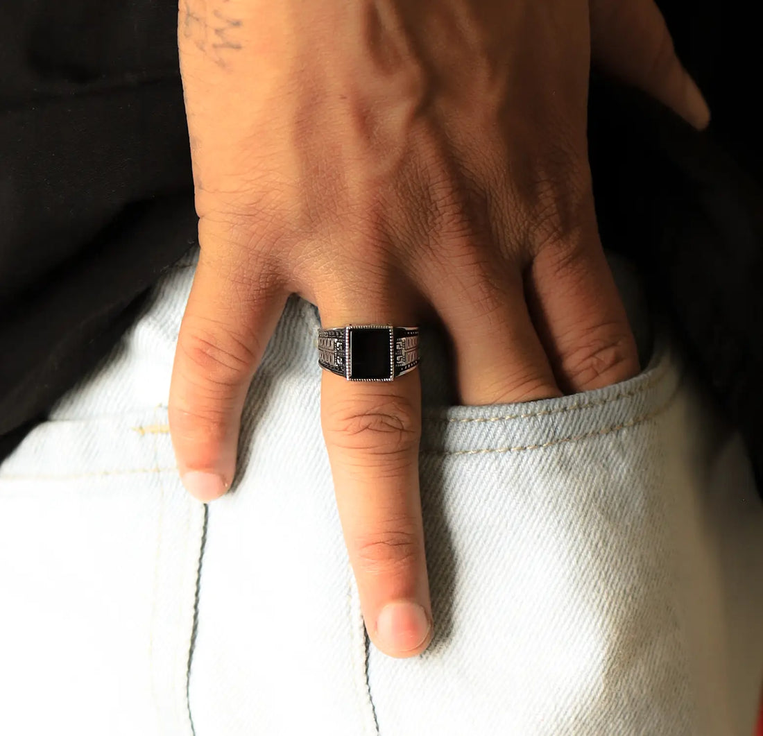 Pure Silver Black Onyx Rectangle Ring- Made With Pure 925 Silver