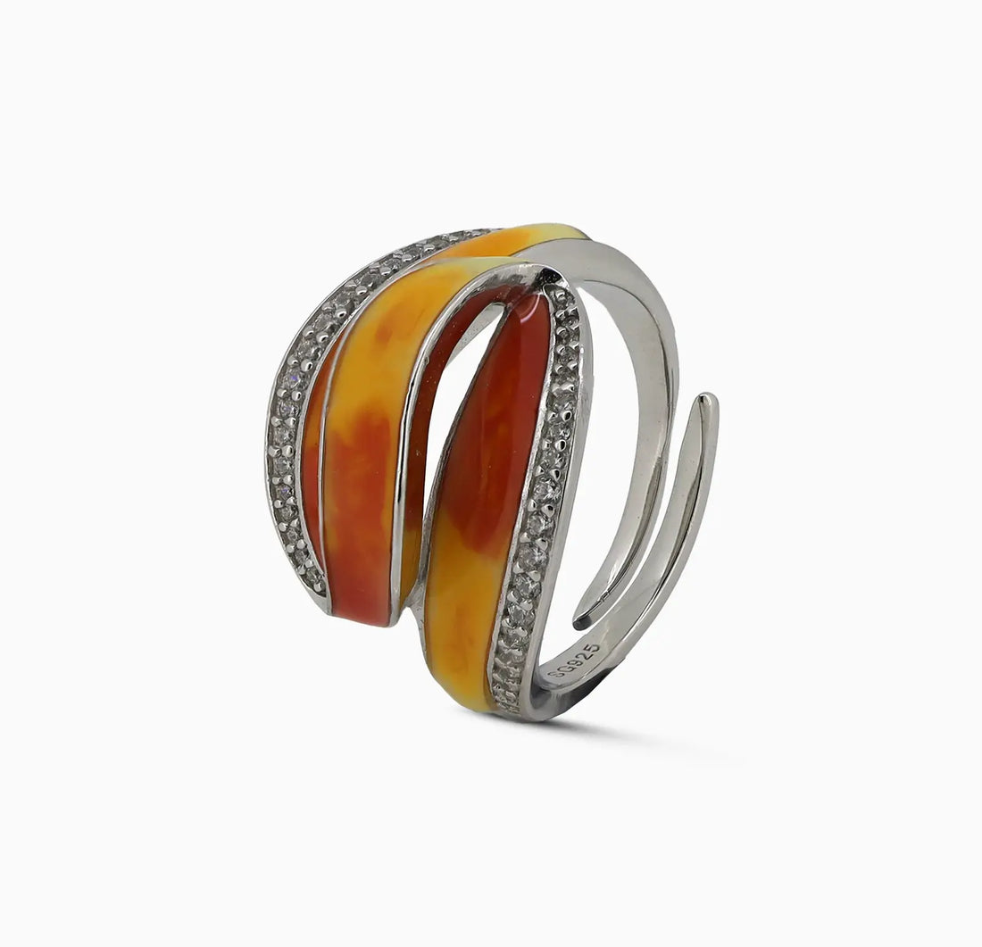 Silver Orange Enamel Wave Ring- Made With Pure 925 Silver