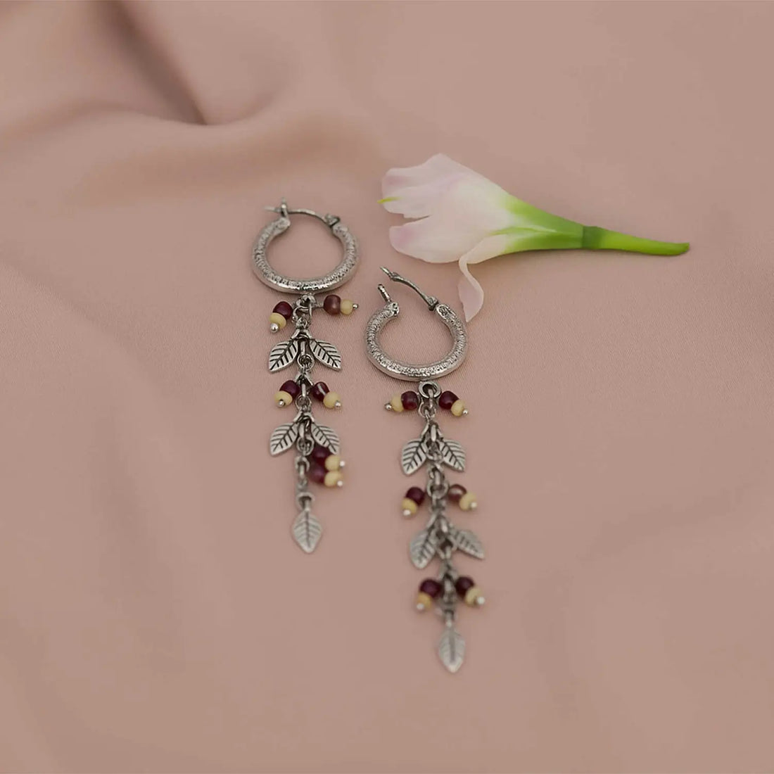 Silver Hoop Earrings with Leaf Charms & Beaded Drops- Made With Pure 925 Silver