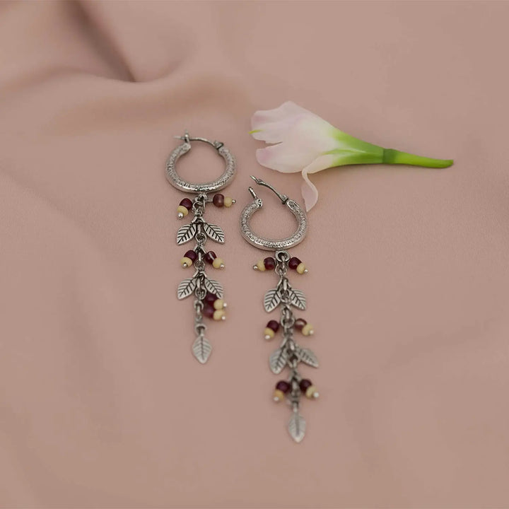 Silver Hoop Earrings with Leaf Charms & Beaded Drops- Made With Pure 925 Silver