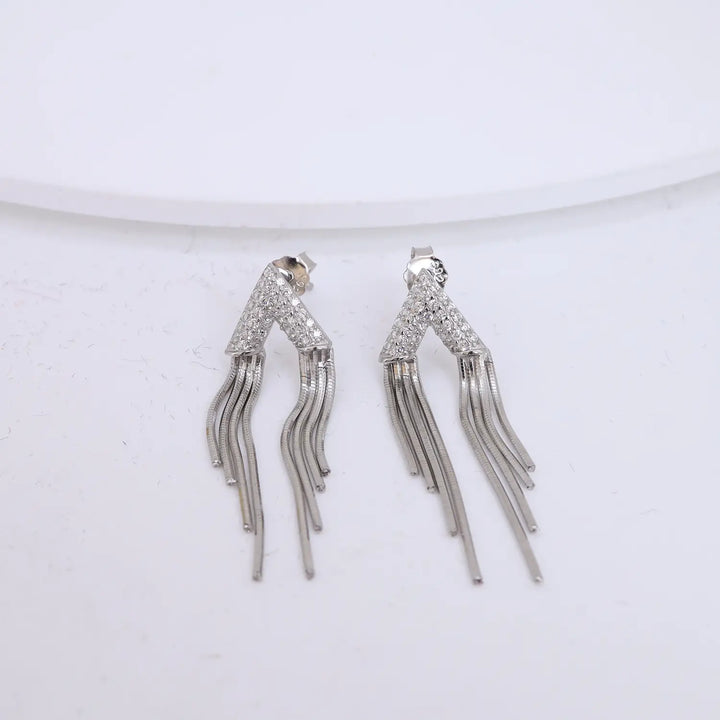 Sparkling V-Shaped Tassel Silver Earrings - Made With Pure 925 Silver